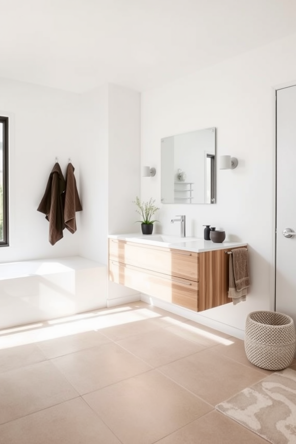 A floating vanity creates an open space feel while maintaining a sleek and modern aesthetic. The design features clean lines and a light wood finish that complements the surrounding decor. The walls are painted in a soft white hue, enhancing the sense of spaciousness. Large format tiles in a neutral tone cover the floor, providing a seamless look throughout the bathroom.