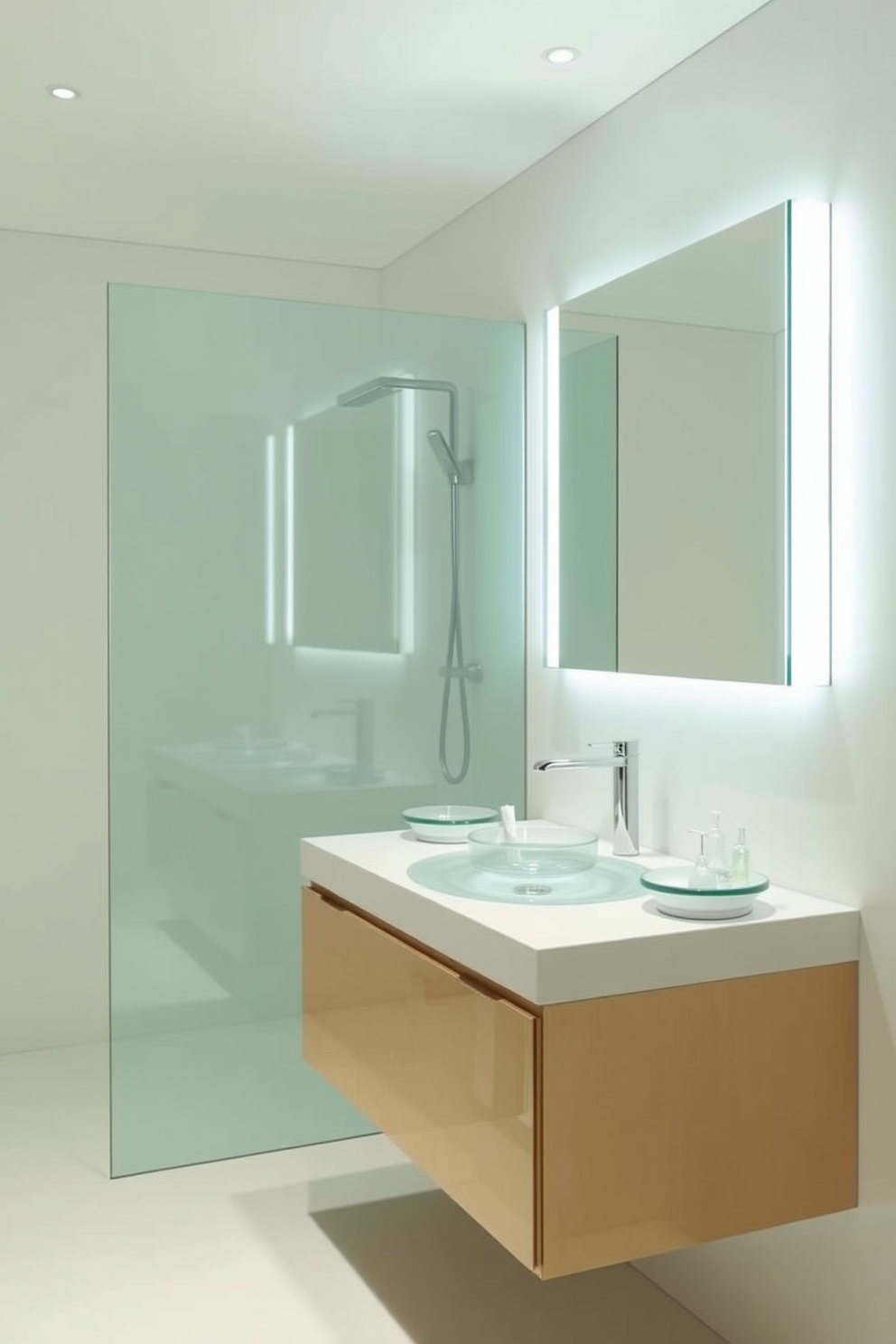 A minimalist bathroom design featuring clear glass accessories to create a light and airy atmosphere. The space includes a sleek white freestanding bathtub with a clear glass shower enclosure, allowing natural light to flood the room. The walls are painted in a soft white hue, complemented by a simple wooden shelf displaying clear glass jars and candles. A large round mirror hangs above a floating vanity, enhancing the spacious feel of the design.