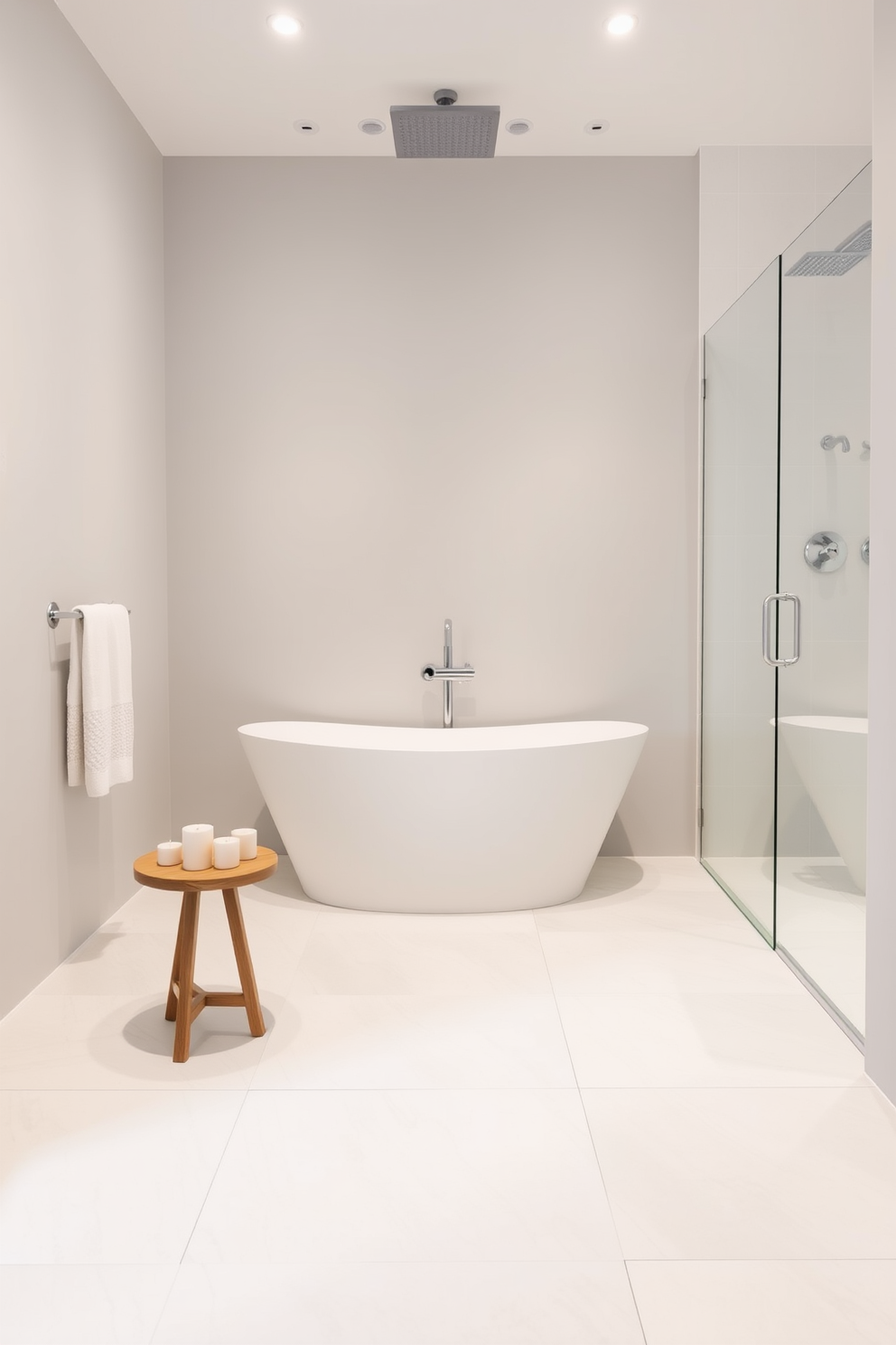 A minimalist bathroom design featuring a sleek white freestanding bathtub centered against a soft gray wall. Accents of muted pastel colors are introduced through a set of decorative candles and a small potted plant on a wooden side table. The floor is adorned with large format light-colored tiles that enhance the spacious feel of the room. A frameless glass shower enclosure complements the simplicity, with a rainfall showerhead adding a touch of luxury.