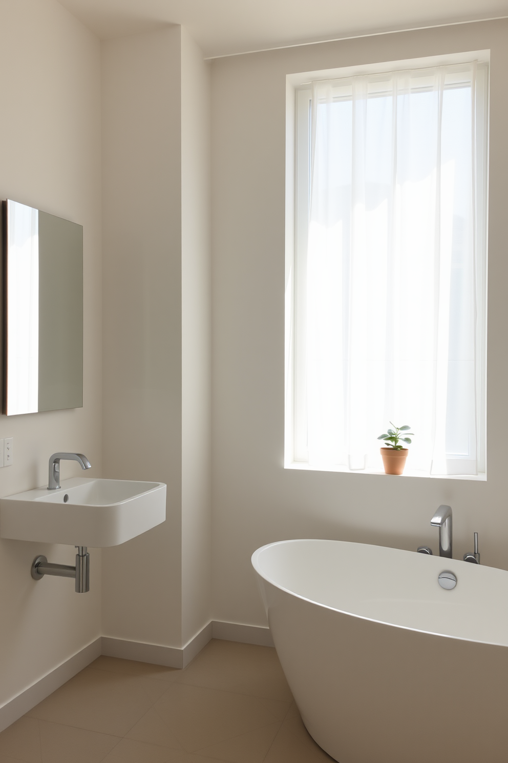 A serene minimalist bathroom featuring a large window with sheer white curtains allowing soft natural light to filter in. The space includes a freestanding bathtub and a sleek wall-mounted sink with a simple mirror above it. The walls are painted in a soft neutral tone, creating a calm atmosphere. A small potted plant sits on the windowsill, adding a touch of greenery to the clean lines of the design.