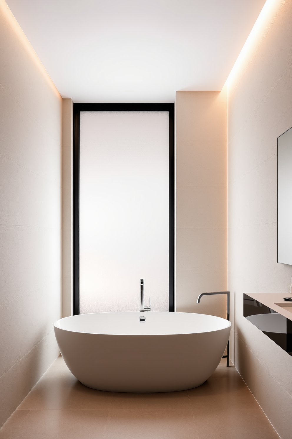 A minimalist bathroom design featuring textured wall finishes that add depth and interest to the space. The walls are adorned with a soft, neutral color palette that enhances the serene atmosphere. A sleek freestanding bathtub sits at the center, complemented by a modern floor-mounted faucet. Natural light floods the room through a large frosted window, creating a bright and inviting ambiance.