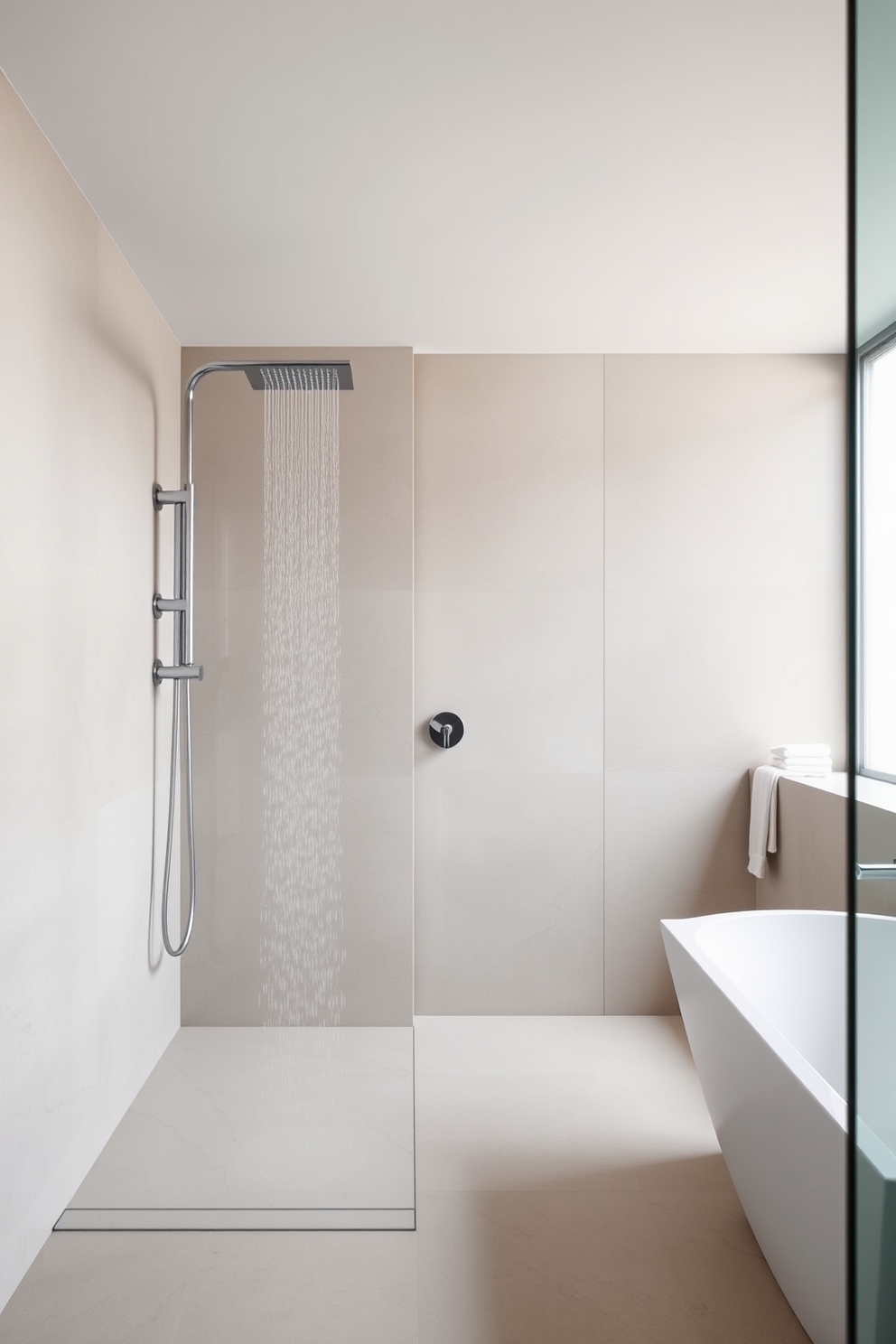 A minimalist bathroom featuring sleek shower fixtures that emphasize modern appeal. The space is characterized by clean lines, a neutral color palette, and an open layout that enhances the feeling of tranquility.