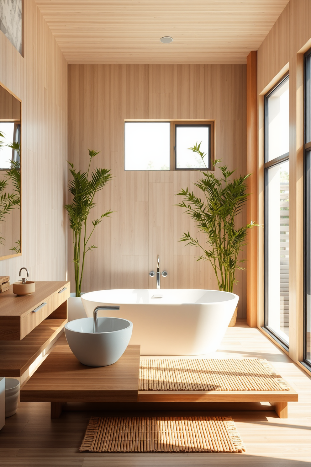 A serene minimalist bathroom featuring bamboo elements throughout the design. The walls are adorned with light bamboo paneling and a sleek white freestanding bathtub sits in the center, complemented by a bamboo bath mat. A floating vanity made of natural bamboo holds a simple vessel sink. Large windows allow natural light to flood in, highlighting the greenery of potted bamboo plants placed strategically around the space.