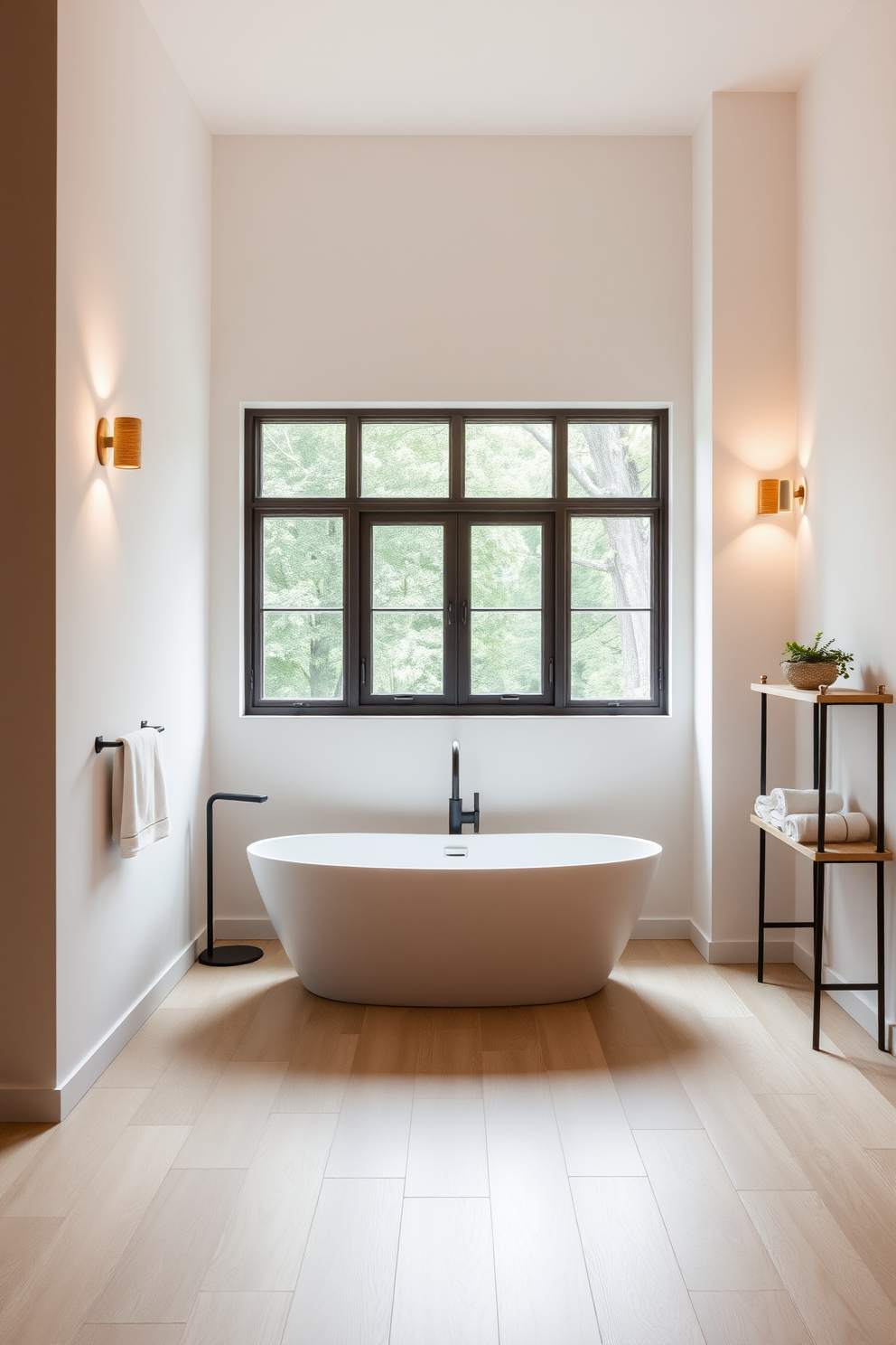 A minimalist bathroom design featuring a freestanding soaking tub centered against a large window allowing natural light to flow in. The walls are painted in a soft white tone, and the floor is made of light wood, creating a serene and airy feel. Warm lighting fixtures are strategically placed to enhance the inviting atmosphere, casting a gentle glow throughout the space. A simple wooden shelf holds neatly rolled towels and a small potted plant, adding a touch of warmth and nature to the design.