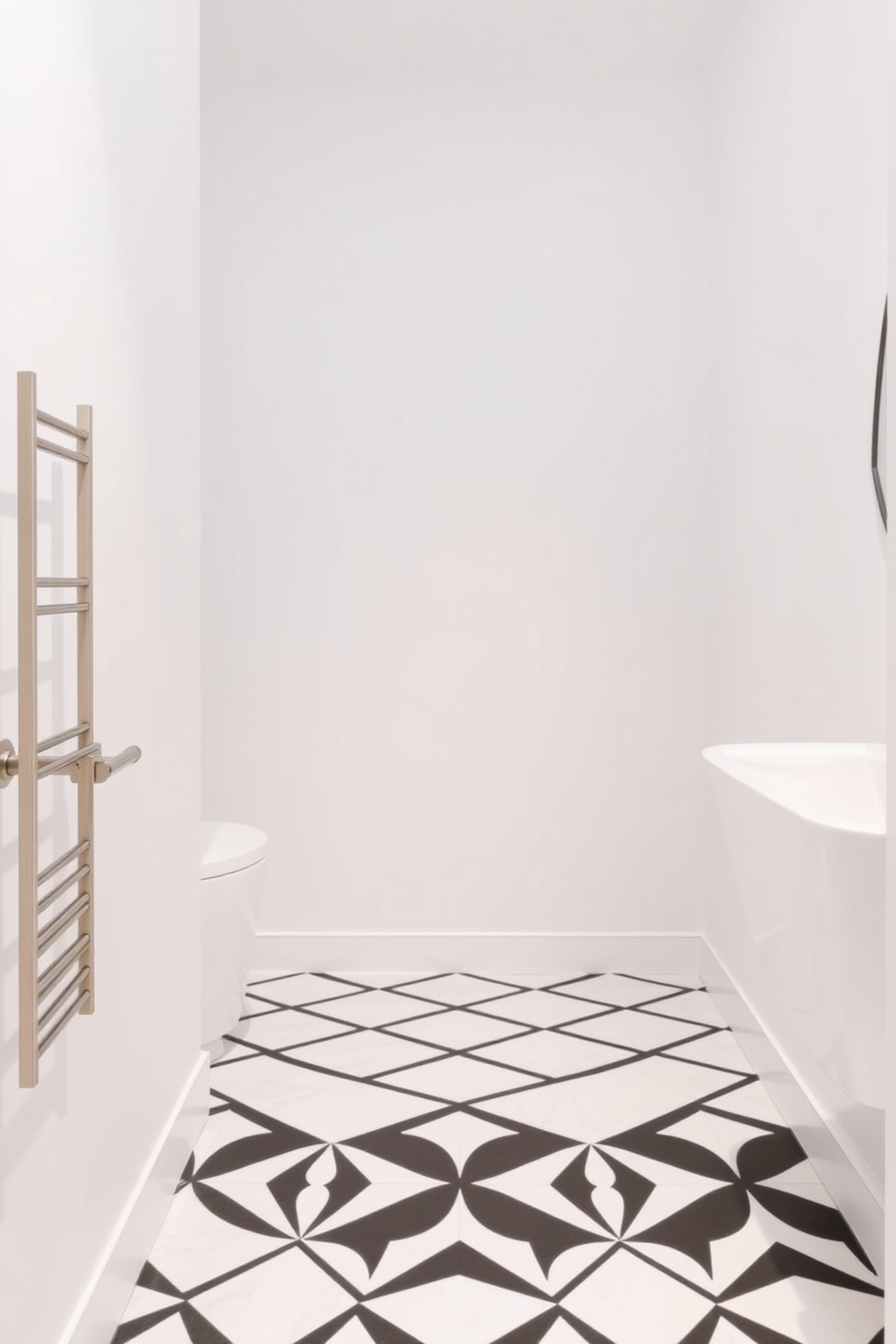 A minimalist bathroom design featuring simple geometric tile patterns adds visual interest to the space. The walls are painted in a soft white hue, and the floor showcases a striking black and white geometric tile layout.