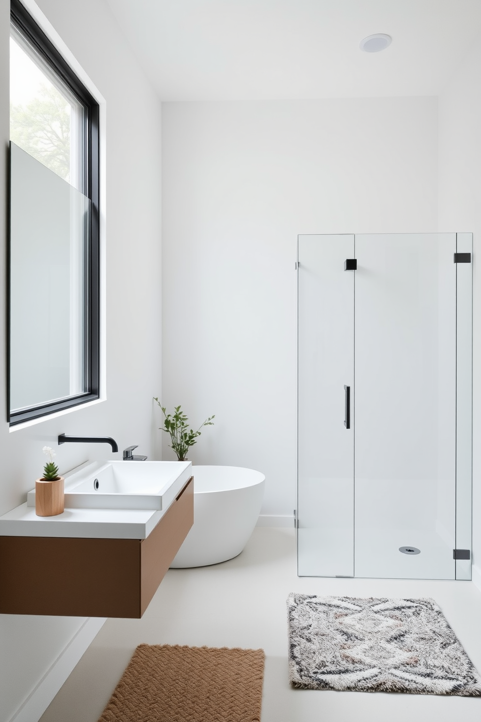 A serene minimalist bathroom featuring sleek fixtures with matte finishes. The walls are painted in a soft white hue, complementing the clean lines of the floating vanity and the frameless glass shower enclosure. The space is adorned with simple yet elegant accessories, such as a single potted plant and a plush bath mat in neutral tones. Natural light floods in through a large window, enhancing the tranquil atmosphere of the design.