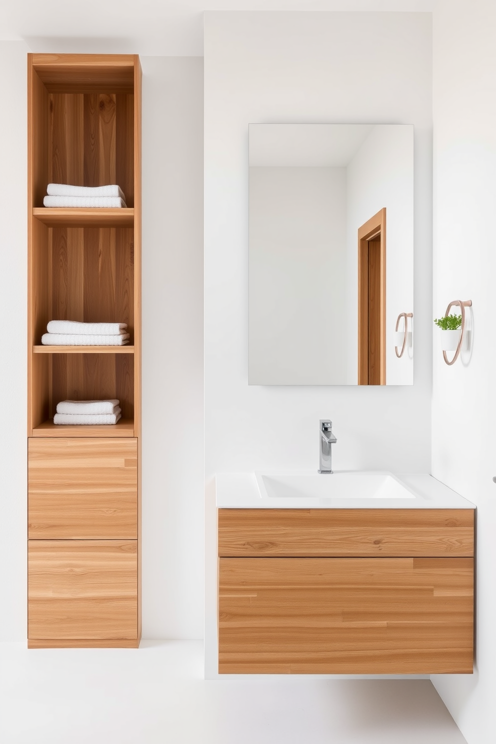 A minimalist bathroom design featuring natural wood accents for warmth. The space includes a sleek wooden vanity with a simple sink and a large frameless mirror above it. The walls are painted in a soft white hue, creating a bright and airy atmosphere. A wooden shelf holds neatly folded towels and a small potted plant adds a touch of greenery.