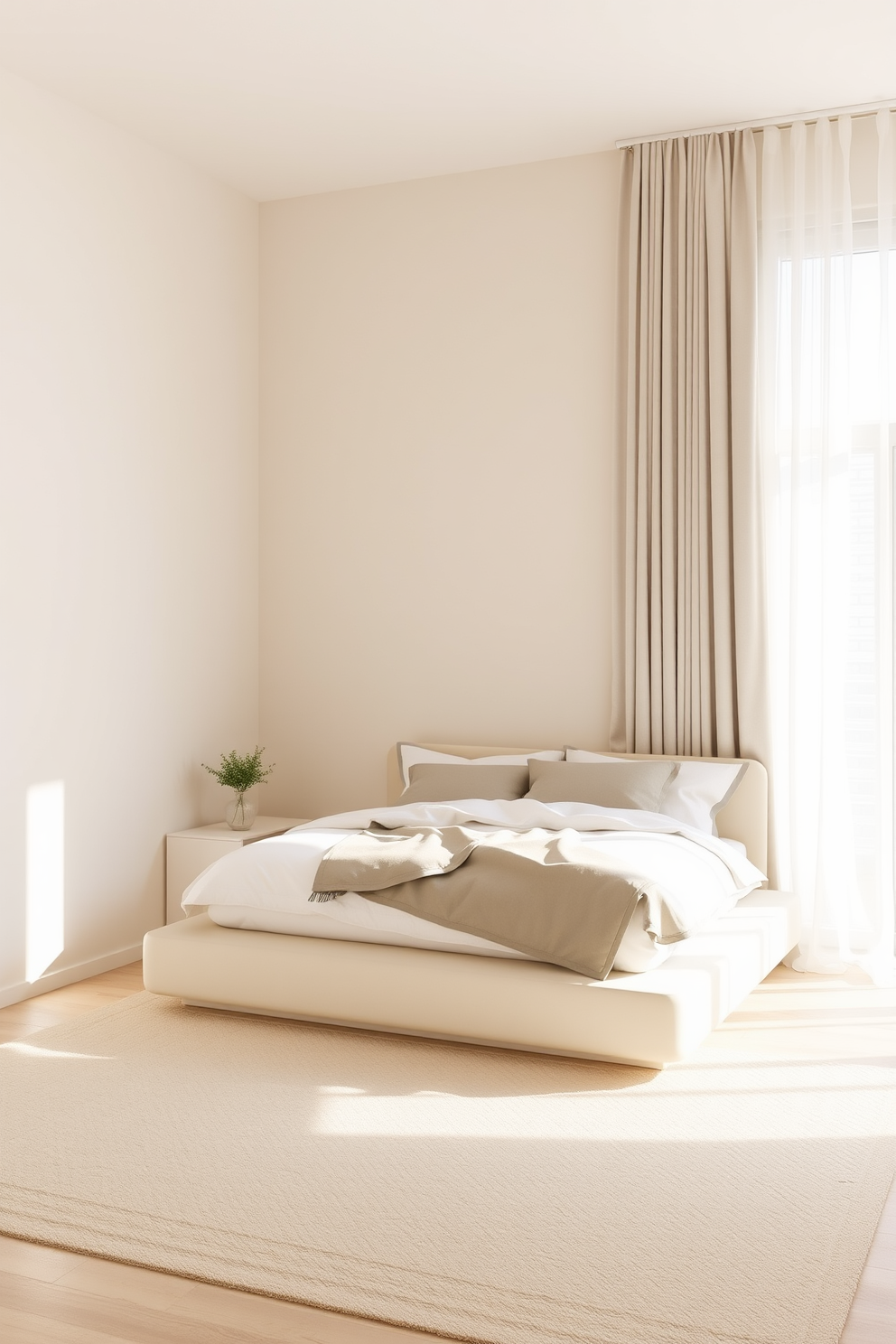 A serene minimalist bedroom featuring a neutral color palette that promotes a calming effect. The walls are painted in soft beige, complemented by a light grey upholstered bed frame adorned with crisp white linens. Natural light floods the room through sheer curtains, creating an airy ambiance. A simple wooden nightstand holds a small potted plant, adding a touch of nature to the tranquil space.