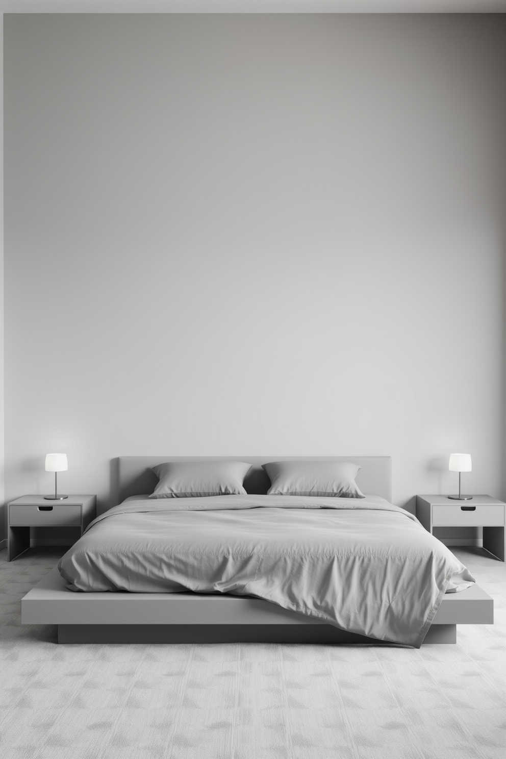 A serene minimalist bedroom featuring a monochromatic color scheme. The walls, bedding, and furniture are all in varying shades of soft gray, creating a calming atmosphere. A low-profile platform bed is centered against the wall, adorned with simple gray linens and a few textured pillows. A sleek bedside table with a minimalist lamp sits on either side of the bed, enhancing the uncluttered aesthetic.