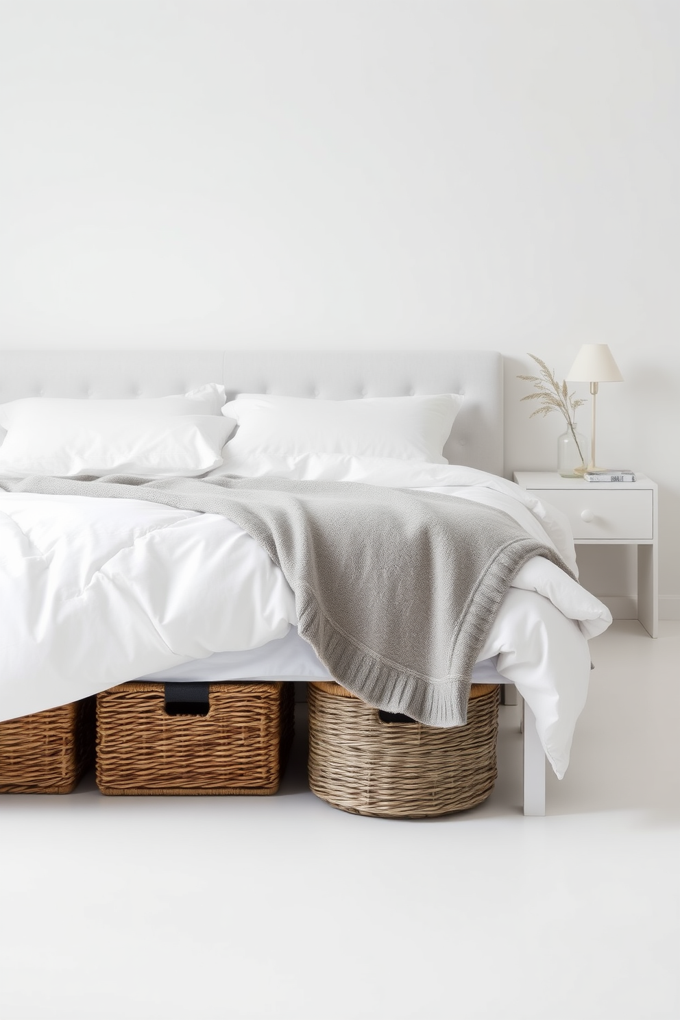 A serene minimalist bedroom featuring a large bed with crisp white linens and a soft gray throw blanket. Woven baskets are strategically placed under the bed and beside a sleek nightstand for organized storage and a clean aesthetic.