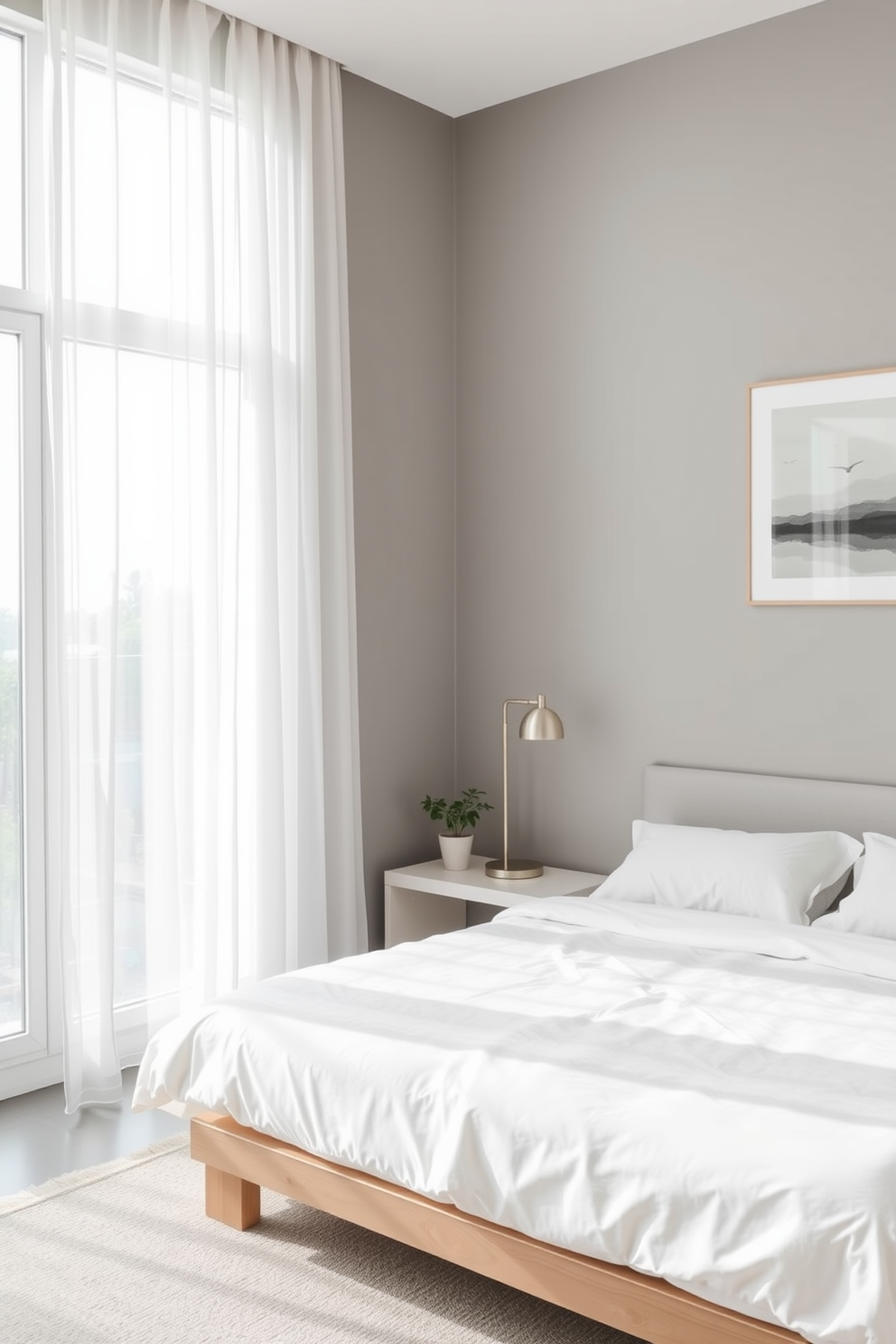 A serene minimalist bedroom featuring a low-profile platform bed with crisp white linens. The walls are painted in soft gray, and a single piece of abstract art hangs above the bed. In the corner, a sleek nightstand holds a small potted plant and a minimalist lamp with a clean design. Large windows allow natural light to fill the space, complemented by sheer white curtains that gently diffuse the sunlight.