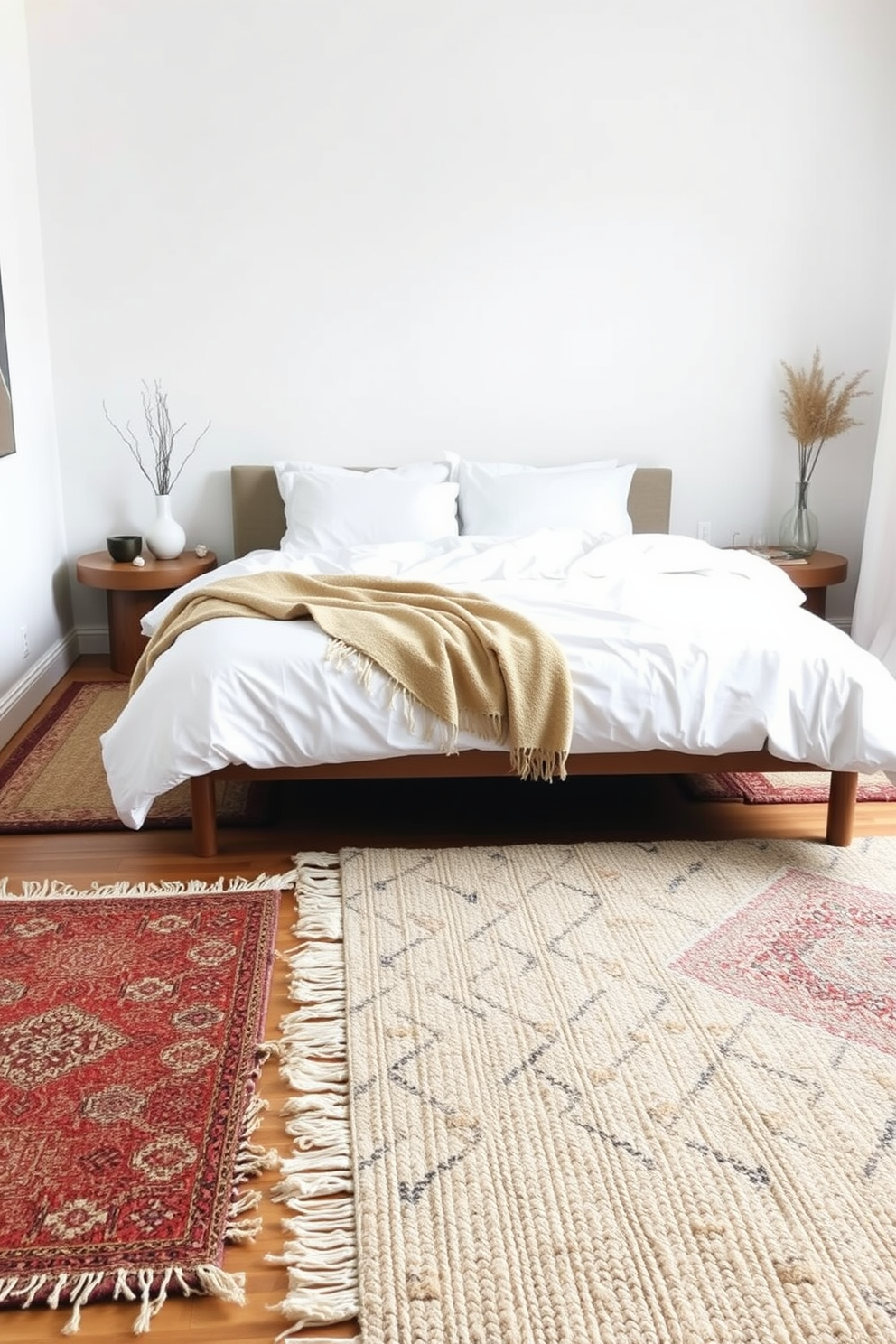 A minimalist bedroom featuring layered rugs for added coziness. The space includes a low-profile bed with crisp white linens and a soft throw blanket, complemented by various textures of rugs underneath.