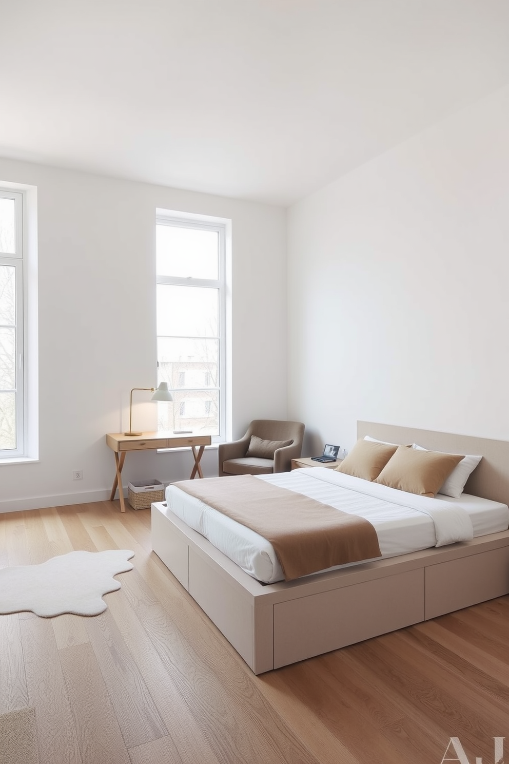 A sleek minimalist desk is positioned against a light grey wall. It features clean lines and is made of natural wood with a simple white chair tucked underneath. The bedroom is designed with a neutral color palette emphasizing white and soft beige tones. A low-profile bed with a simple headboard is centered in the room, flanked by minimal bedside tables and soft ambient lighting.