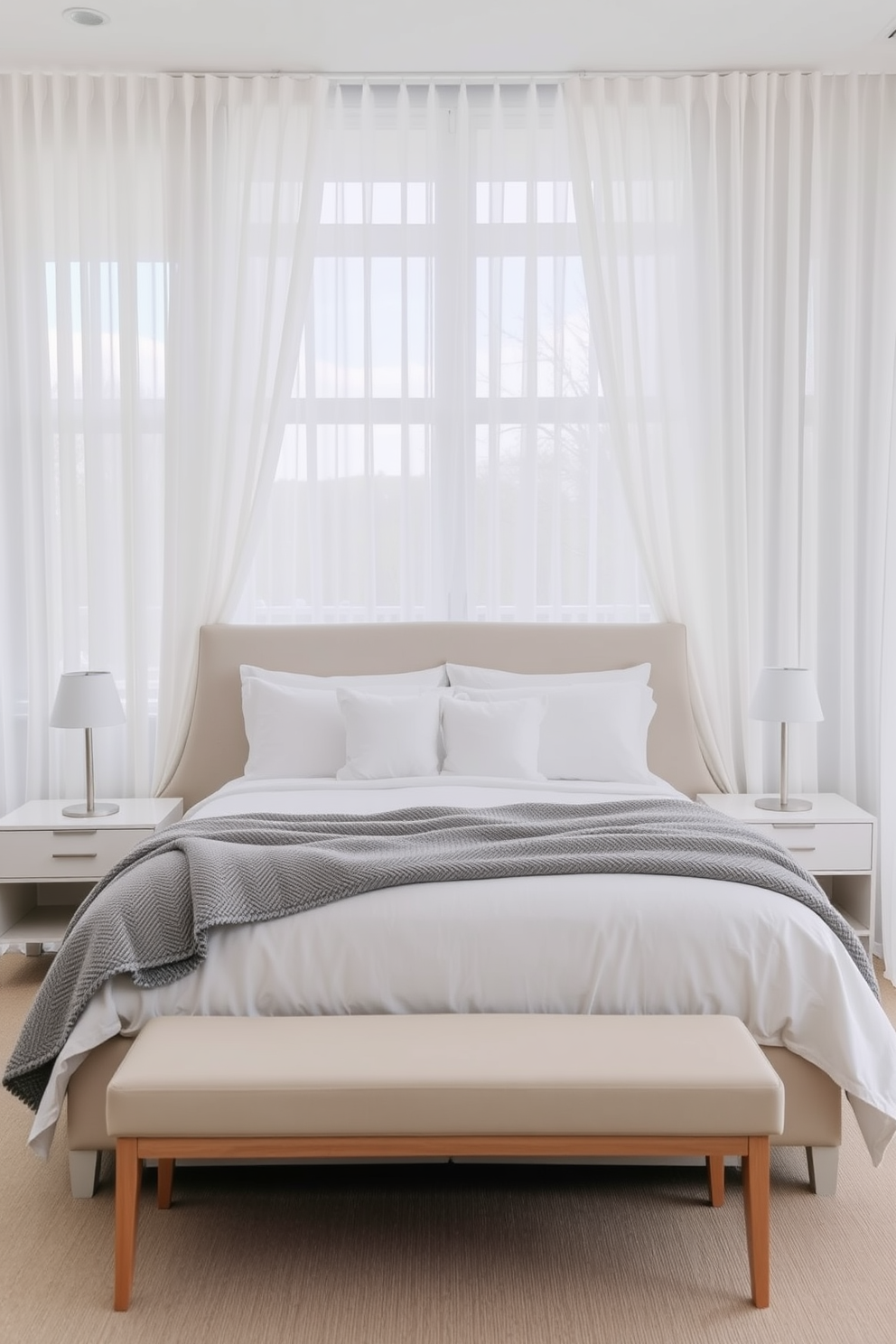 A serene minimalist bedroom featuring soft neutral tones. The bed is adorned with crisp white linens and a plush gray throw blanket, complemented by two sleek nightstands on either side. The window treatments consist of sheer white curtains that gently filter the light, adding an air of elegance to the space. A simple wooden bench at the foot of the bed provides a functional yet stylish touch.