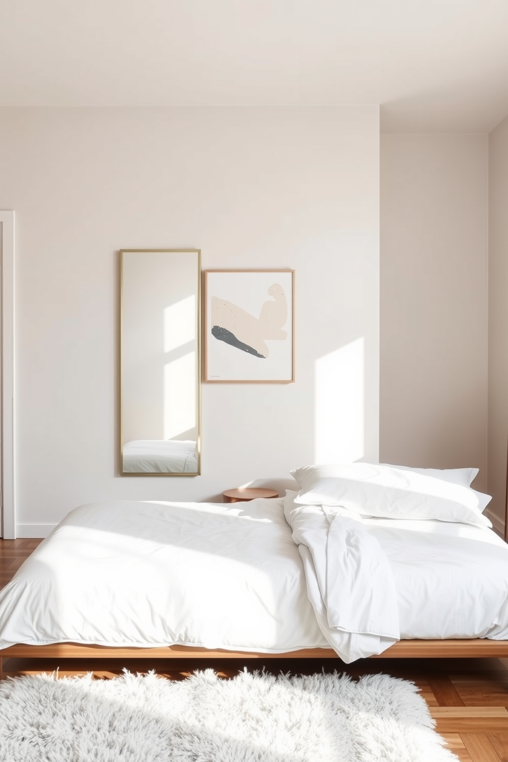 A minimalist bedroom featuring a large wall-mounted mirror that reflects natural light, enhancing the sense of space. The room includes a low-profile bed with crisp white linens and a simple wooden nightstand beside it. Soft neutral tones dominate the walls, creating a calming atmosphere while a plush area rug adds warmth to the hardwood floor. A single piece of abstract art hangs above the bed, contributing to the serene aesthetic without overwhelming the design.