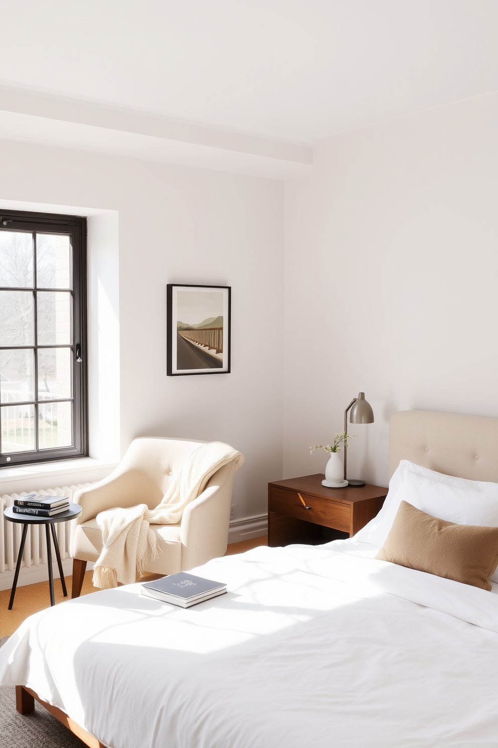 A tranquil bedroom space featuring soft muted tones that create a calming atmosphere. The walls are painted in a light beige shade, complemented by a plush cream-colored bedspread and simple wooden furniture. A sleek nightstand with a minimalist design sits beside the bed, adorned with a small potted plant. Natural light filters through sheer curtains, enhancing the serene ambiance of the room.