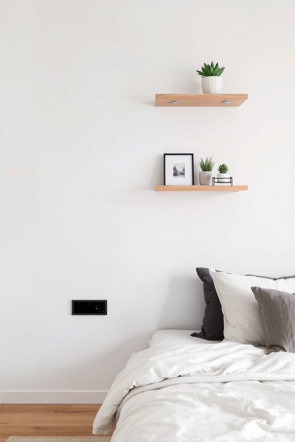 A minimalist bedroom featuring floating shelves on the walls for space-saving storage. The shelves are made of light wood and display a few carefully curated decor items and plants.