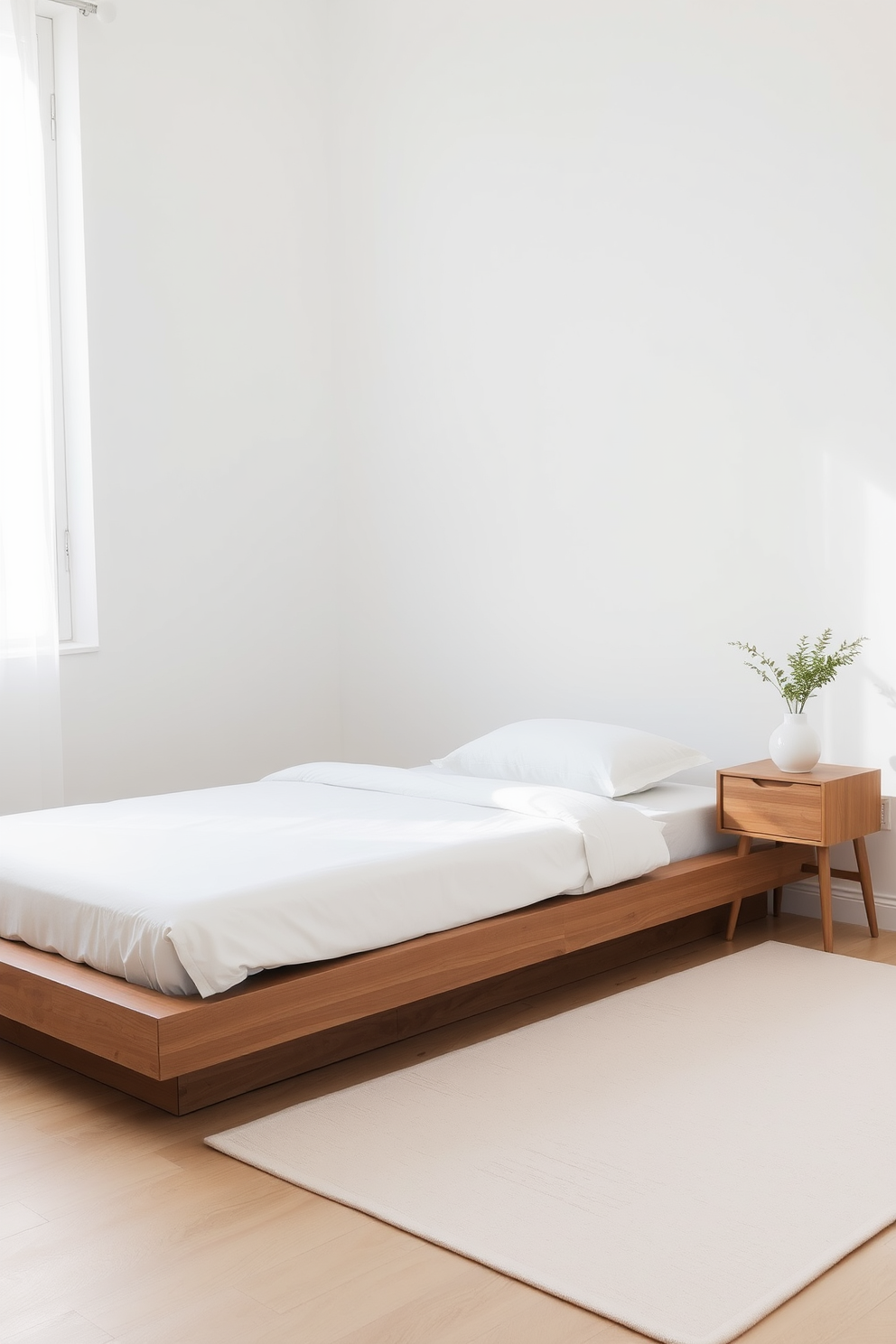 A serene minimalist bedroom featuring a low-profile platform bed with crisp white linens and a single accent pillow. The walls are painted in a soft neutral tone, and natural light floods the room through a large window adorned with sheer curtains. A simple wooden nightstand sits beside the bed, holding a single modern lamp and a small potted plant. The floor is covered with a light-colored area rug, adding warmth to the space without overwhelming the design.