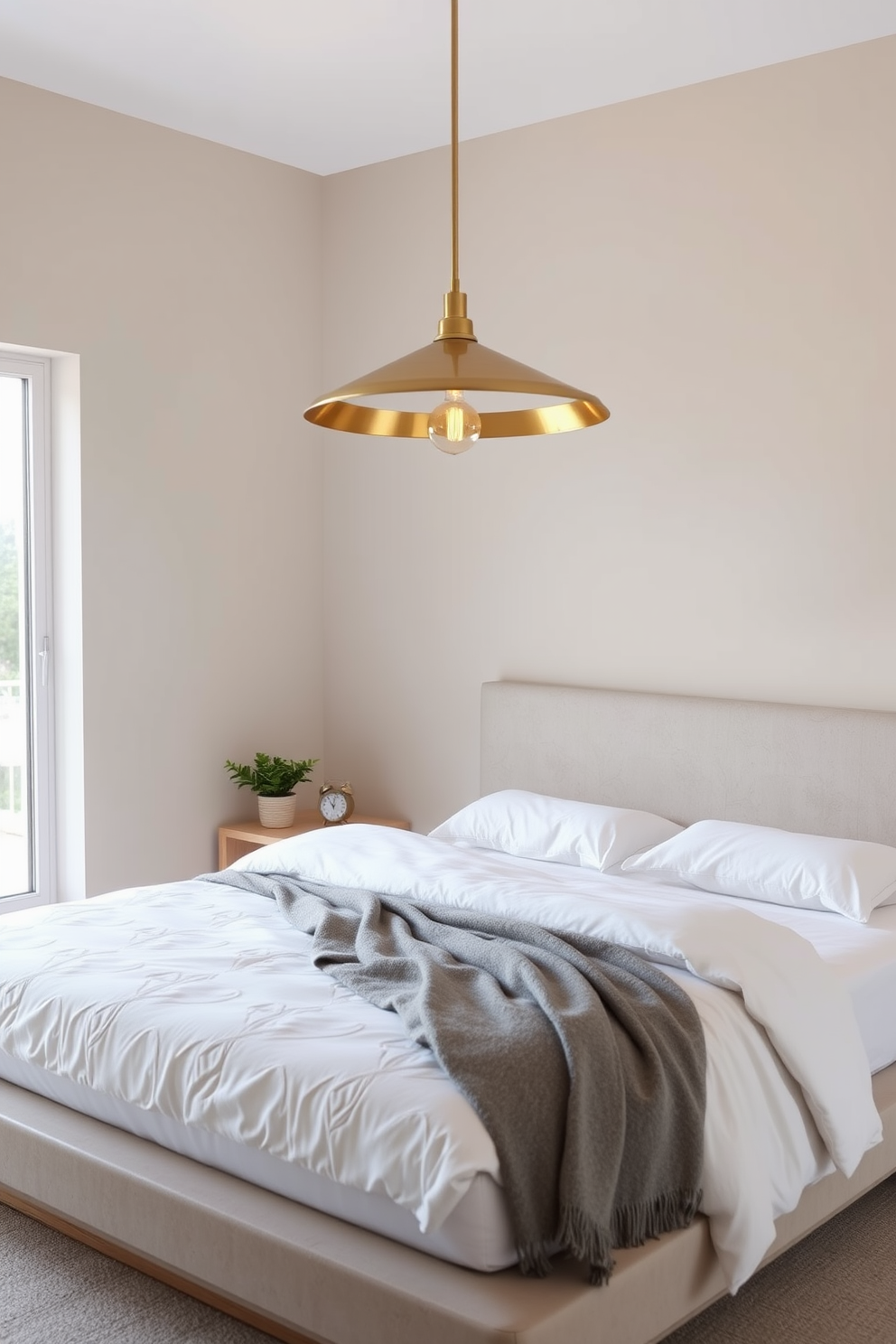 A minimalist bedroom featuring sleek furniture with clean lines and minimal ornamentation. The bed is dressed in crisp white linens, complemented by a simple wooden nightstand on one side and a sleek metal lamp. The walls are painted in a soft neutral tone, creating a calming atmosphere. A large window allows natural light to flood the space, while a plush area rug adds warmth underfoot.