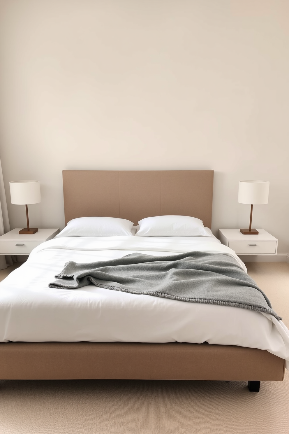 A serene minimalist bedroom featuring a low-profile platform bed with crisp white linens and a soft gray throw blanket. On either side of the bed, sleek bedside tables hold simple, elegant lamps with clean lines and muted tones. The walls are painted in a soft beige, creating a warm and inviting atmosphere. Natural light pours in through sheer curtains, enhancing the room's tranquil aesthetic.