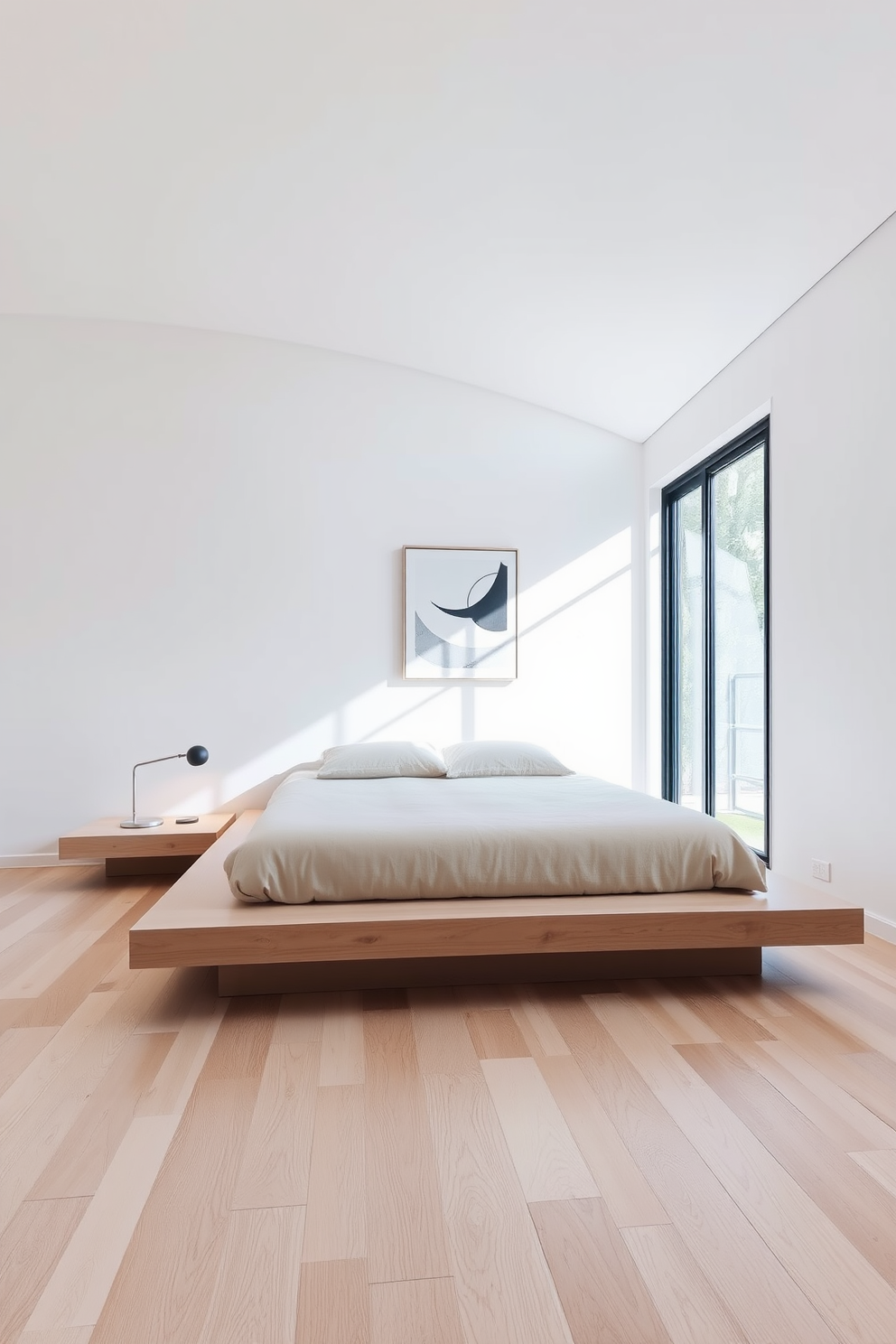 A minimalist bedroom featuring a platform bed with a sleek design and neutral bedding. The walls are painted in a soft white hue, and a large window allows natural light to fill the space. The floor is adorned with a light wood finish, complementing the simplicity of the decor. A small bedside table holds a modern lamp, while a single piece of abstract art hangs above the bed, adding a touch of elegance.