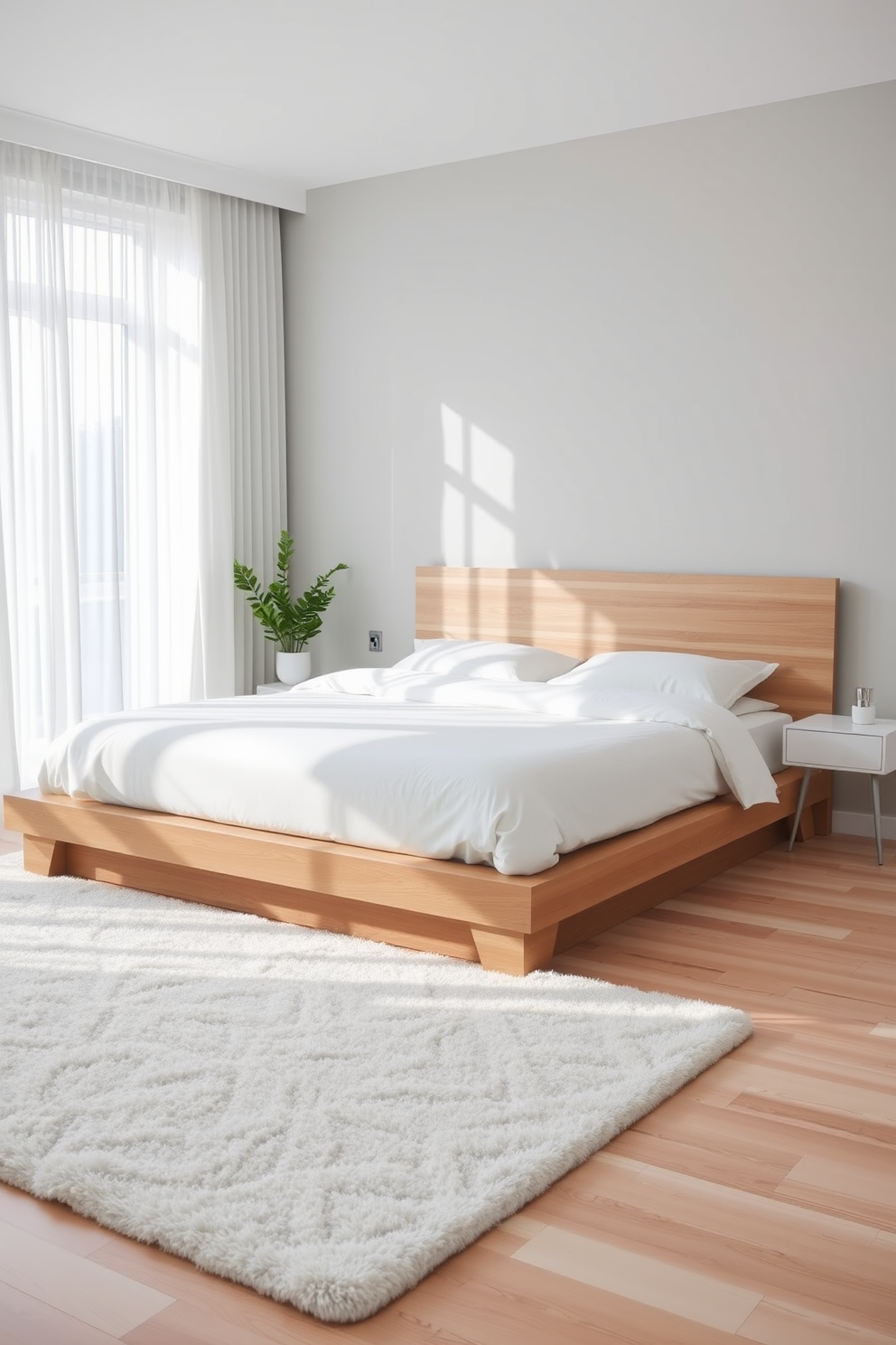 A serene minimalist bedroom featuring a large platform bed with crisp white linens and a simple wooden headboard. The walls are painted in a soft gray hue, and natural light floods the space through sheer curtains. A sleek nightstand sits beside the bed, adorned only with a small potted plant. The floor is finished with light hardwood, and a plush area rug adds warmth without overwhelming the space.