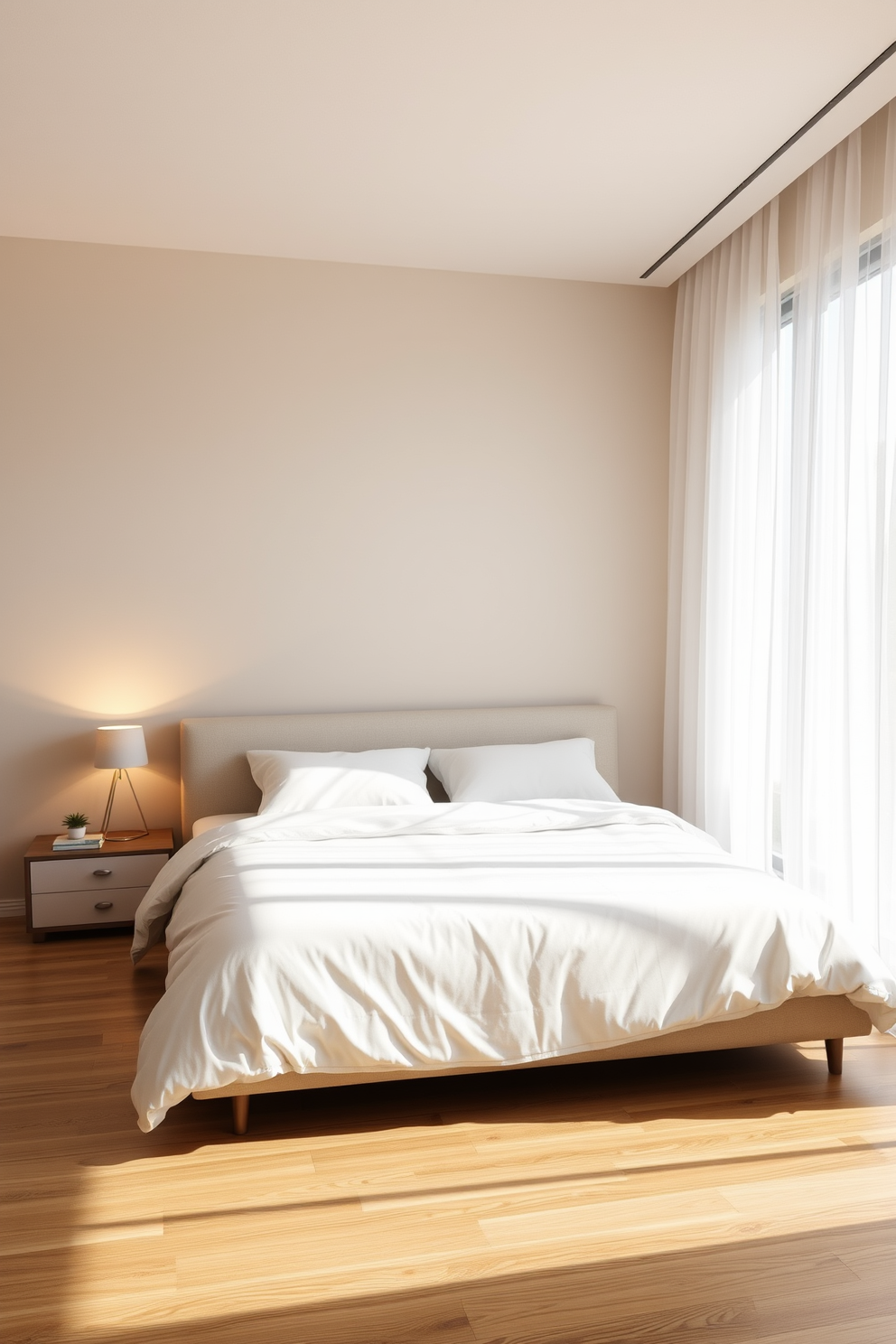 A serene minimalist bedroom featuring a low-profile bed with a simple white duvet and matching pillows. Soft ambient lighting emanates from sleek bedside lamps, creating a warm and inviting atmosphere. The walls are painted in a soft beige hue, complementing the natural wood flooring. A large window allows natural light to filter in, adorned with sheer white curtains that gently sway in the breeze.