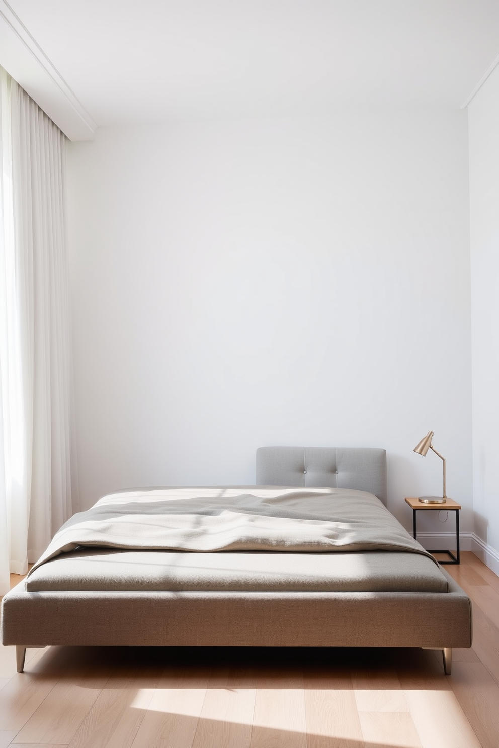 A serene bedroom featuring soft textures that invite comfort. The bed is adorned with plush pillows and a cozy throw blanket, creating a warm and welcoming atmosphere. Natural light filters through sheer curtains, illuminating the room's neutral color palette. A simple wooden nightstand holds a small potted plant and a softly glowing lamp, enhancing the minimalist aesthetic.