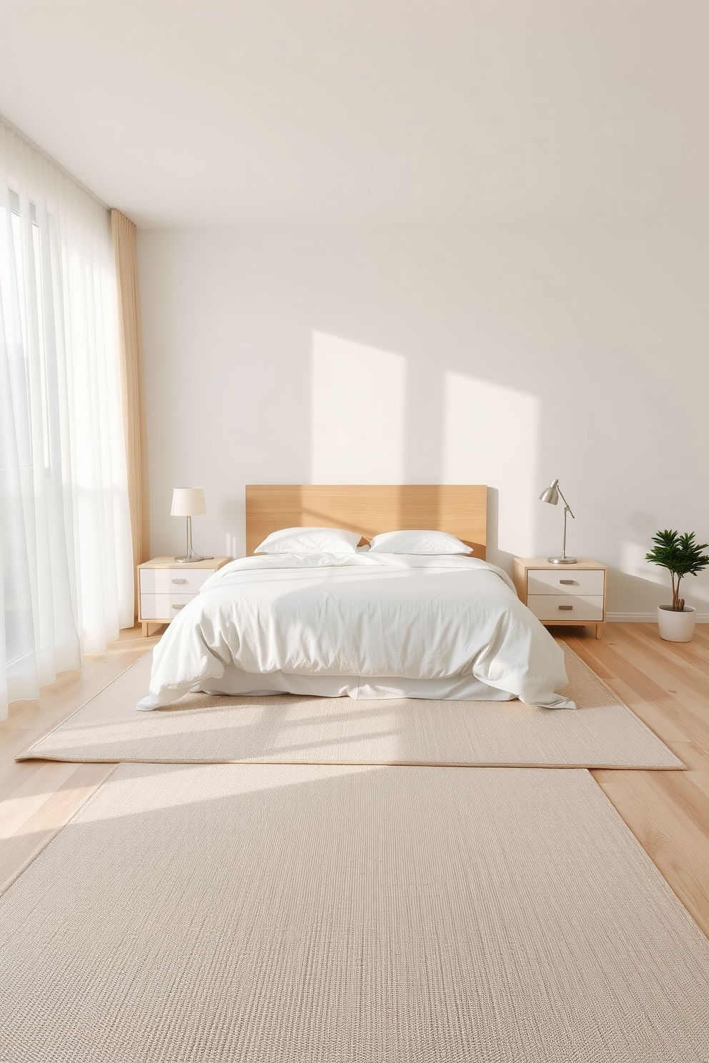 A serene minimalist bedroom design featuring a neutral rug that unifies the space. The bed is dressed in soft white linens with a simple wooden headboard, while a pair of bedside tables flank each side, adorned with minimalist lamps. Natural light streams in through sheer curtains, illuminating the light wood flooring. A small potted plant sits in the corner, adding a touch of greenery to the tranquil atmosphere.