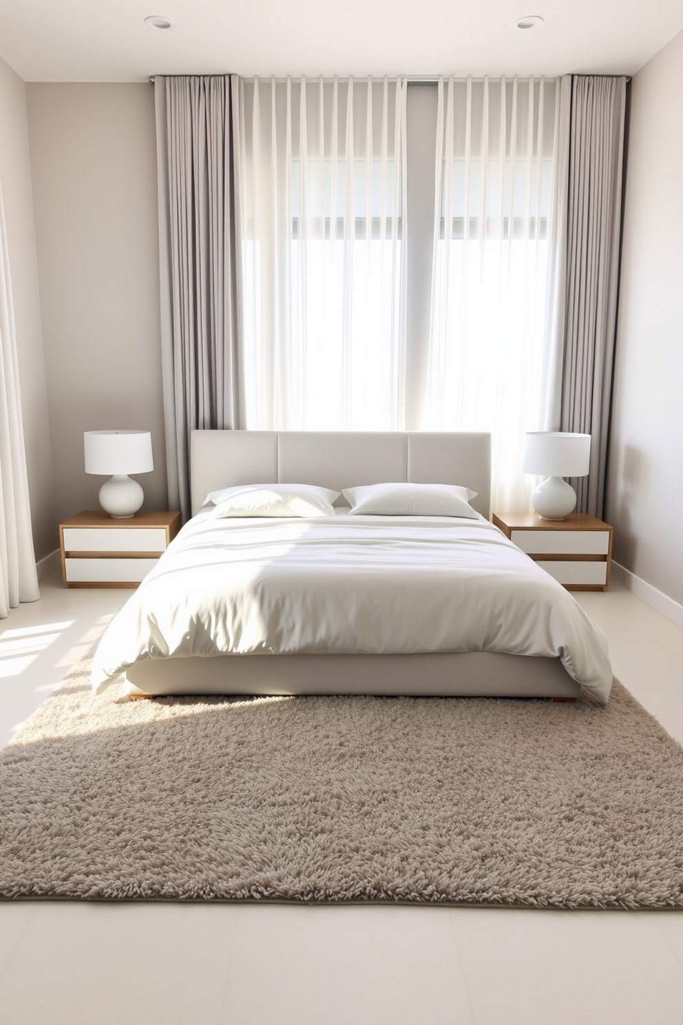 A serene minimalist bedroom featuring a king-size bed with a simple white duvet and two matching bedside tables on either side. Natural light filters through sheer curtains, illuminating a neutral color palette that includes soft grays and warm whites. The furniture arrangement emphasizes symmetry, with identical lamps on each bedside table and a low-profile dresser centered against the wall opposite the bed. A plush area rug in a muted tone anchors the space, adding warmth and texture to the sleek design.