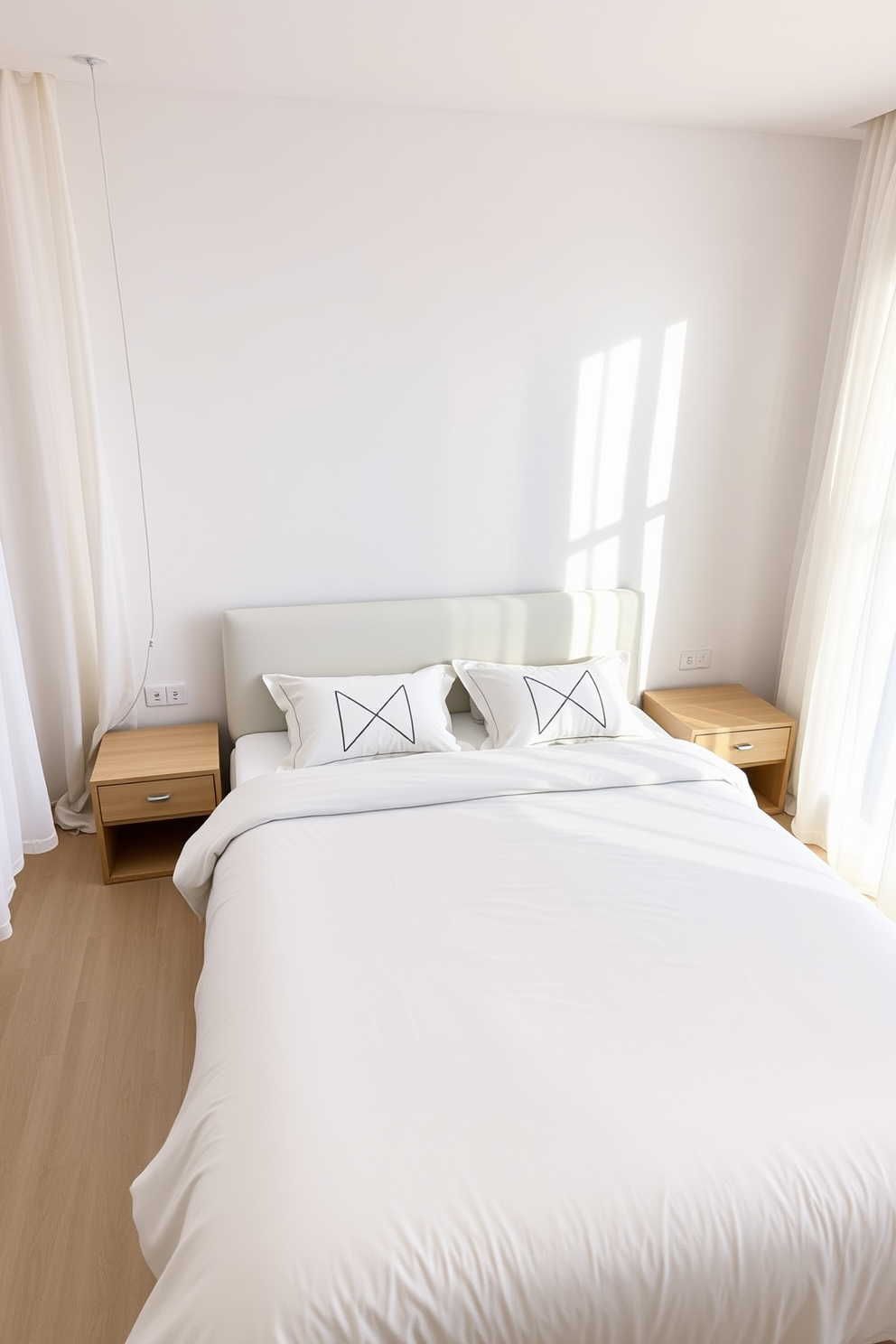 A minimalist bedroom featuring simple geometric patterns on the bedding. The color palette includes soft neutrals with a touch of pastel, creating a serene atmosphere. The bed is centered against a light-colored wall, with bedside tables on either side. Natural light streams in through sheer curtains, illuminating the space and enhancing the clean lines of the furniture.