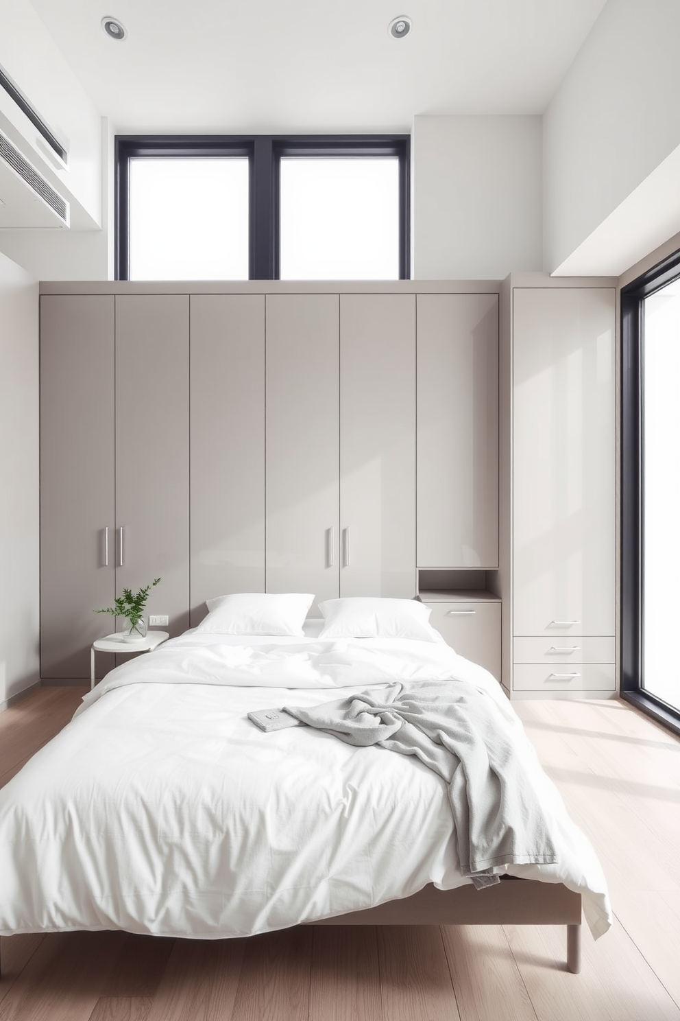 A minimalist bedroom design featuring sleek storage solutions. The bed is positioned centrally with a low-profile frame and crisp white bedding, while built-in cabinets blend seamlessly into the wall for maximum space efficiency. Natural light floods the room through large windows, accentuating the soft color palette of whites and light grays. A simple bedside table holds a small plant, creating a serene and uncluttered atmosphere.