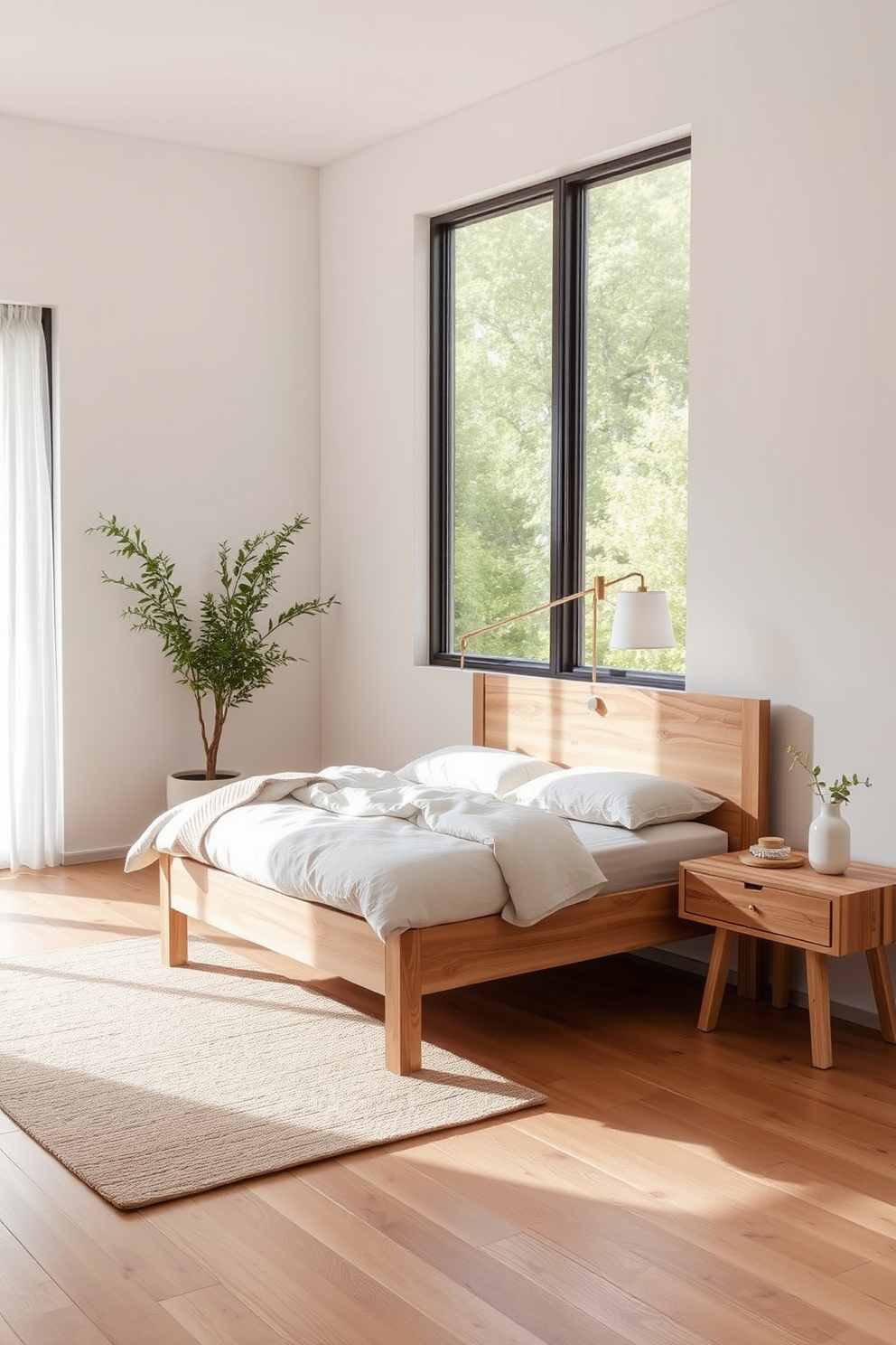 A serene minimalist bedroom featuring natural wood furniture that adds warmth and texture. The room includes a simple wooden bed frame with soft linen bedding and a matching wooden nightstand beside it. Large windows allow natural light to flood the space, enhancing the light wood tones. A cozy area rug in neutral tones lies beneath the bed, creating a comfortable and inviting atmosphere.