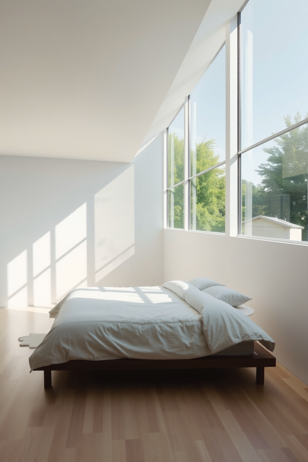 A minimalist bedroom with large windows allowing ample natural light to flood the space. The walls are painted in a soft white hue, creating a serene atmosphere complemented by light wood flooring.