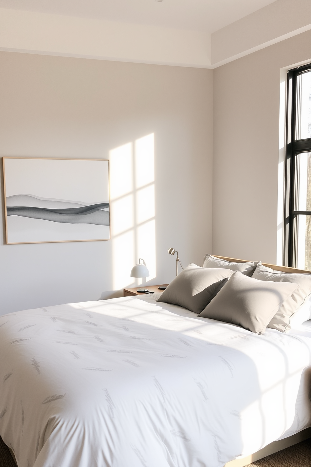 A serene minimalist bedroom featuring monochromatic bedding in varying shades of soft gray. The bed is dressed with a plush duvet and multiple textured pillows, creating a cohesive and inviting atmosphere. The walls are painted in a light gray tone, enhancing the calming effect of the space. A simple wooden nightstand holds a sleek lamp, while a plush area rug adds warmth underfoot.