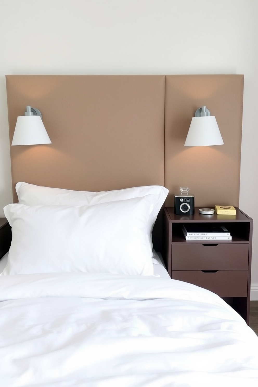 A serene minimalist bedroom featuring wood accents that add warmth and texture. The bed is adorned with crisp white linens and a natural wood headboard, complemented by floating nightstands on either side. Large windows allow natural light to flood the room, showcasing the simplicity of the decor. A soft area rug lies beneath the bed, enhancing the cozy atmosphere while maintaining a clean aesthetic.