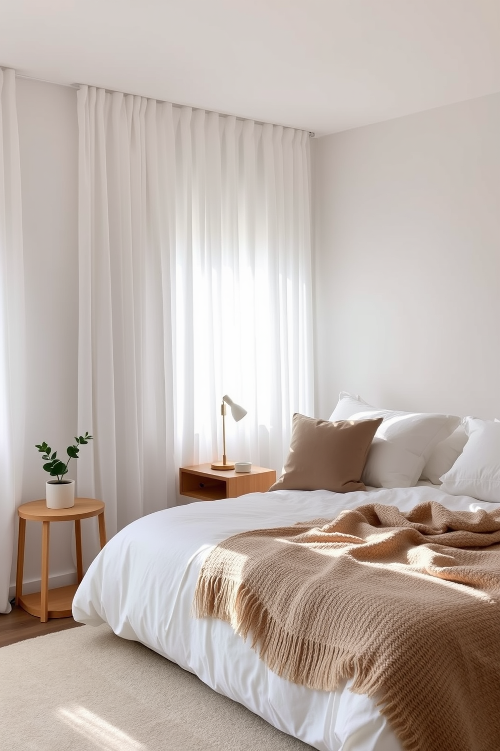 A serene minimalist bedroom featuring soft textiles that evoke comfort and warmth. The bed is adorned with plush white linens and a cozy throw blanket, complemented by a pair of oversized pillows in muted tones. Natural light filters through sheer curtains, creating a tranquil atmosphere. A simple wooden nightstand holds a small potted plant and a minimalist lamp, adding a touch of greenery and warmth to the space.