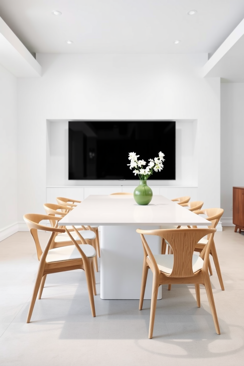 A minimalist dining room featuring clean lines and a neutral color palette. The dining table is a simple rectangular design in light wood, surrounded by sleek, upholstered chairs in a soft beige hue. A statement pendant light hangs above the table, providing warm illumination. The walls are painted in a soft white, and a large abstract art piece adds a touch of sophistication to the space.