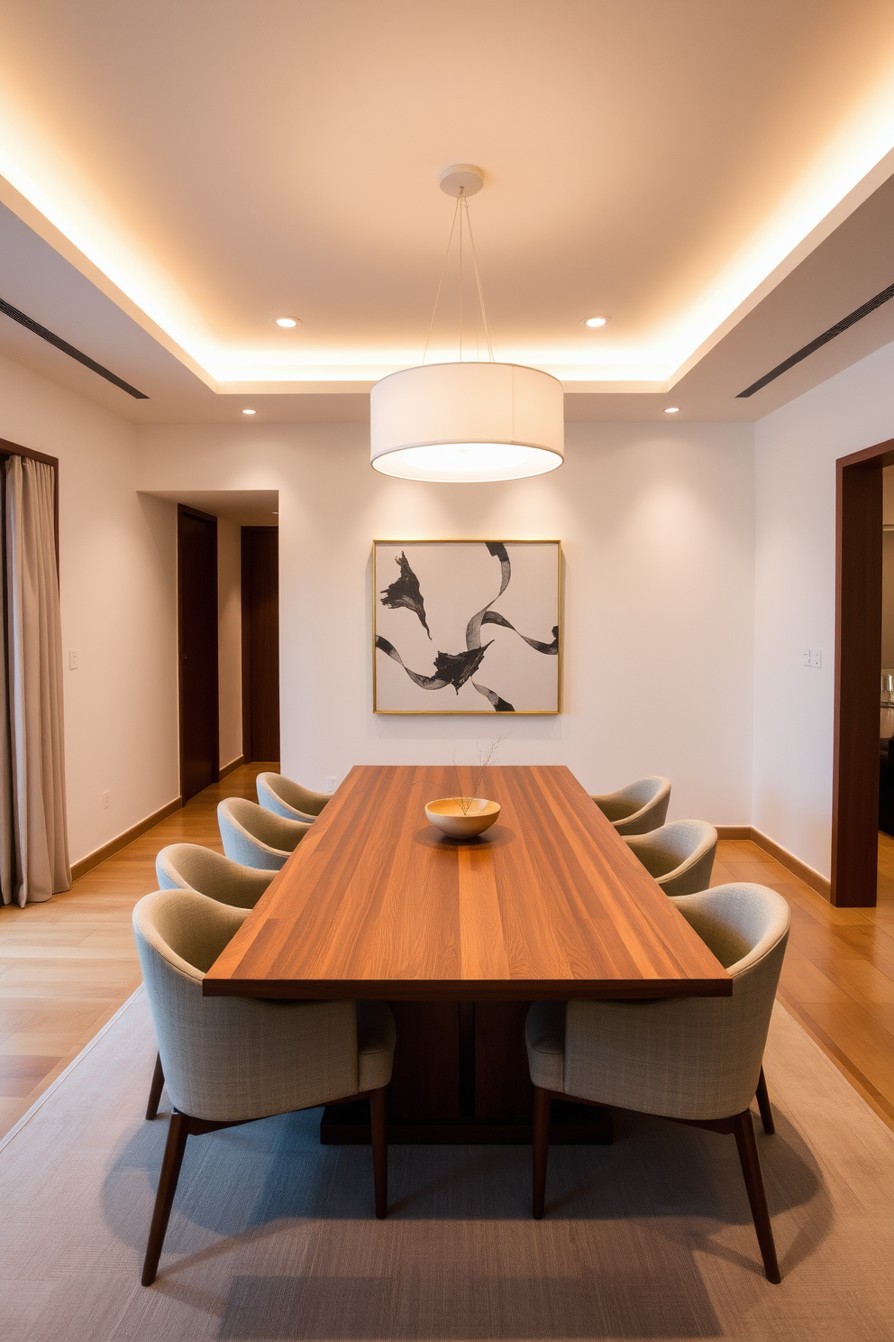 A minimalist dining room features a sleek wooden table with clean lines surrounded by simple upholstered chairs. The room is illuminated by layered lighting, including recessed ceiling lights and a statement pendant fixture above the table, creating a warm and inviting atmosphere. The walls are painted in a soft neutral tone, enhancing the sense of space and tranquility. A large piece of abstract art adorns one wall, while a subtle area rug defines the dining space without overwhelming the overall design.