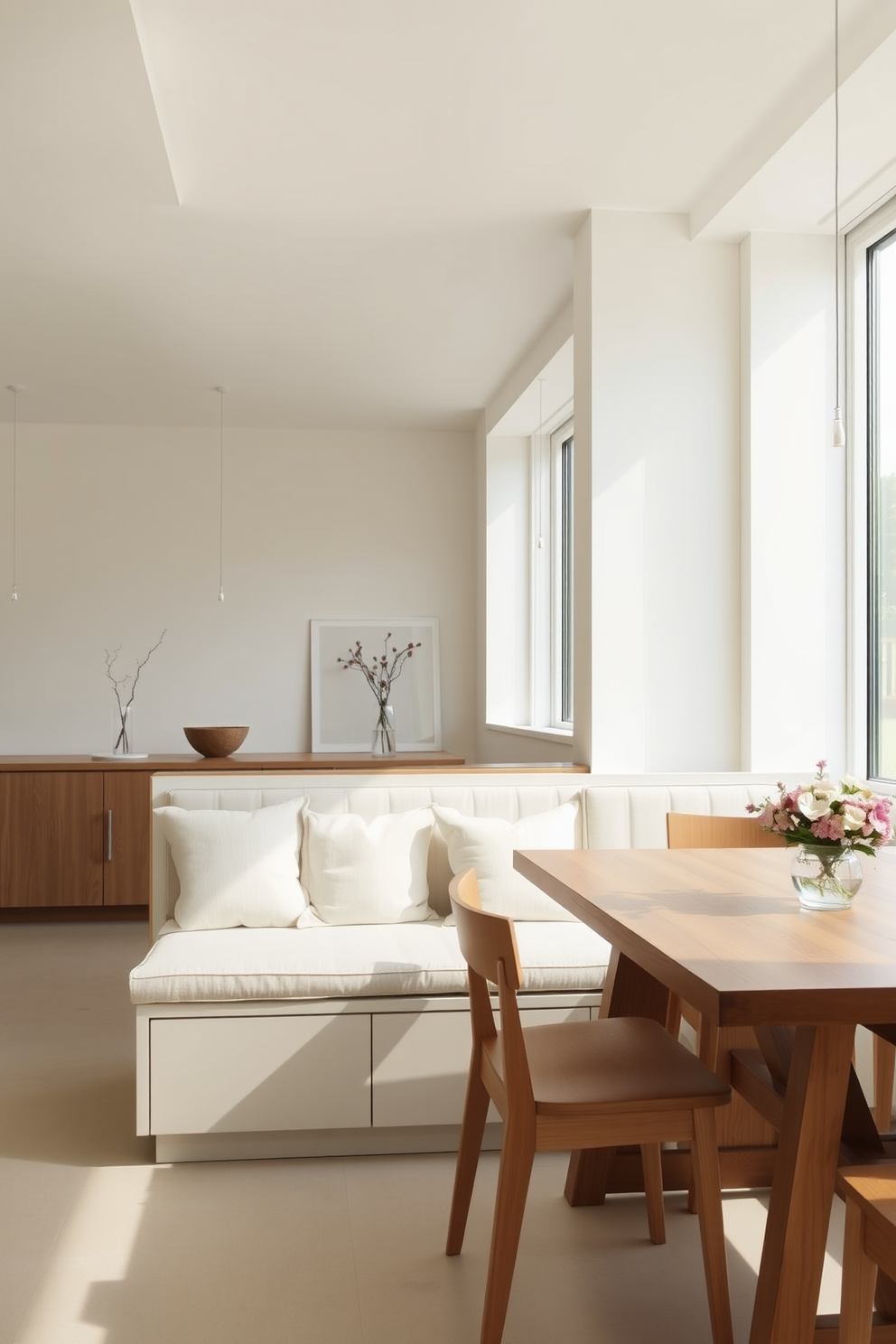 A minimalist dining bench with soft cushions is positioned against a light-colored wall, creating a serene and inviting atmosphere. The bench is complemented by a simple wooden dining table, adorned with a small centerpiece of fresh flowers. The dining room features large windows that allow natural light to flood the space, enhancing the airy feel. Neutral tones dominate the color palette, with subtle textures adding depth to the overall design.