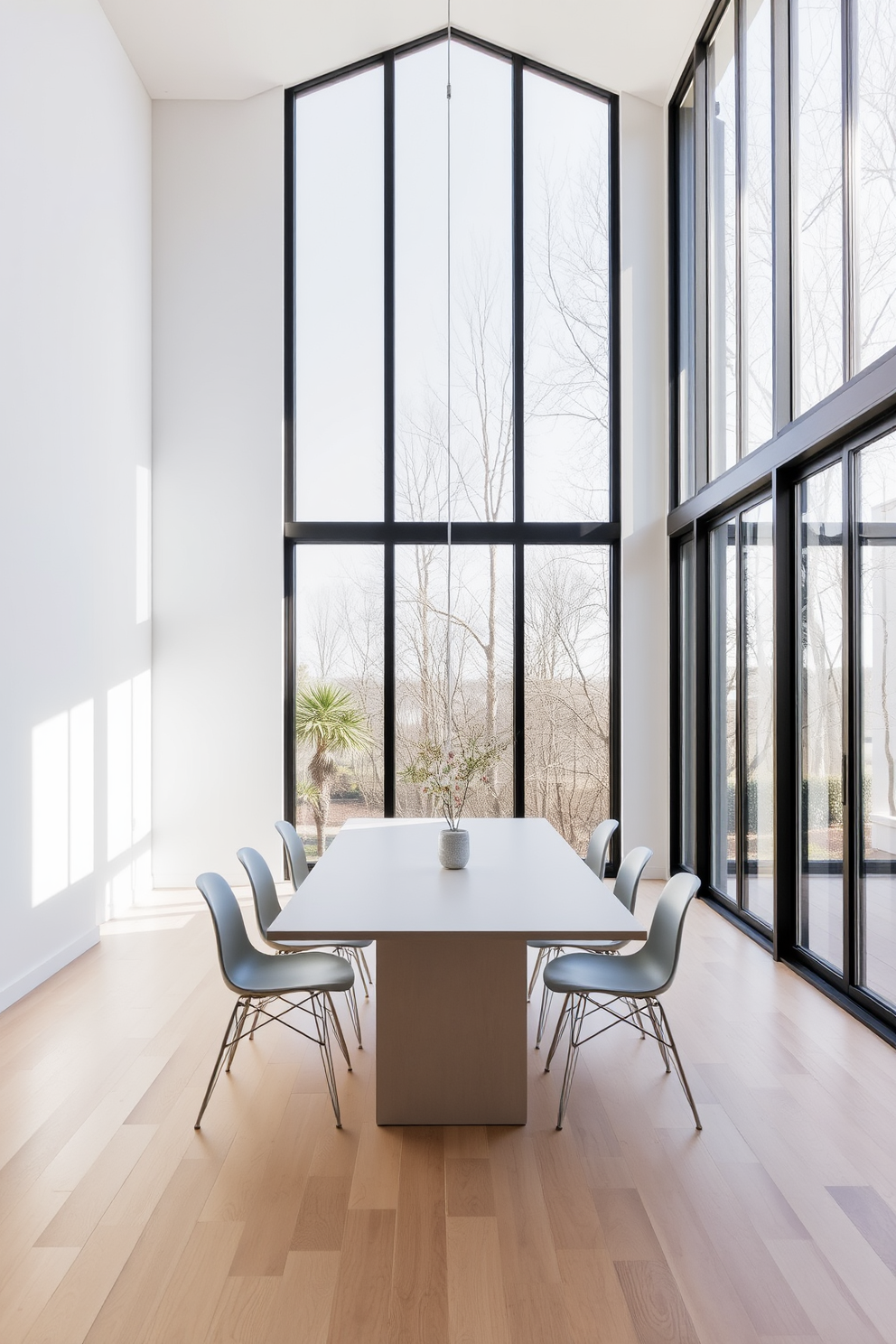 A minimalist dining room features large windows that flood the space with natural light, creating an airy and open atmosphere. The dining table is sleek and simple, surrounded by modern chairs that complement the clean lines of the design.