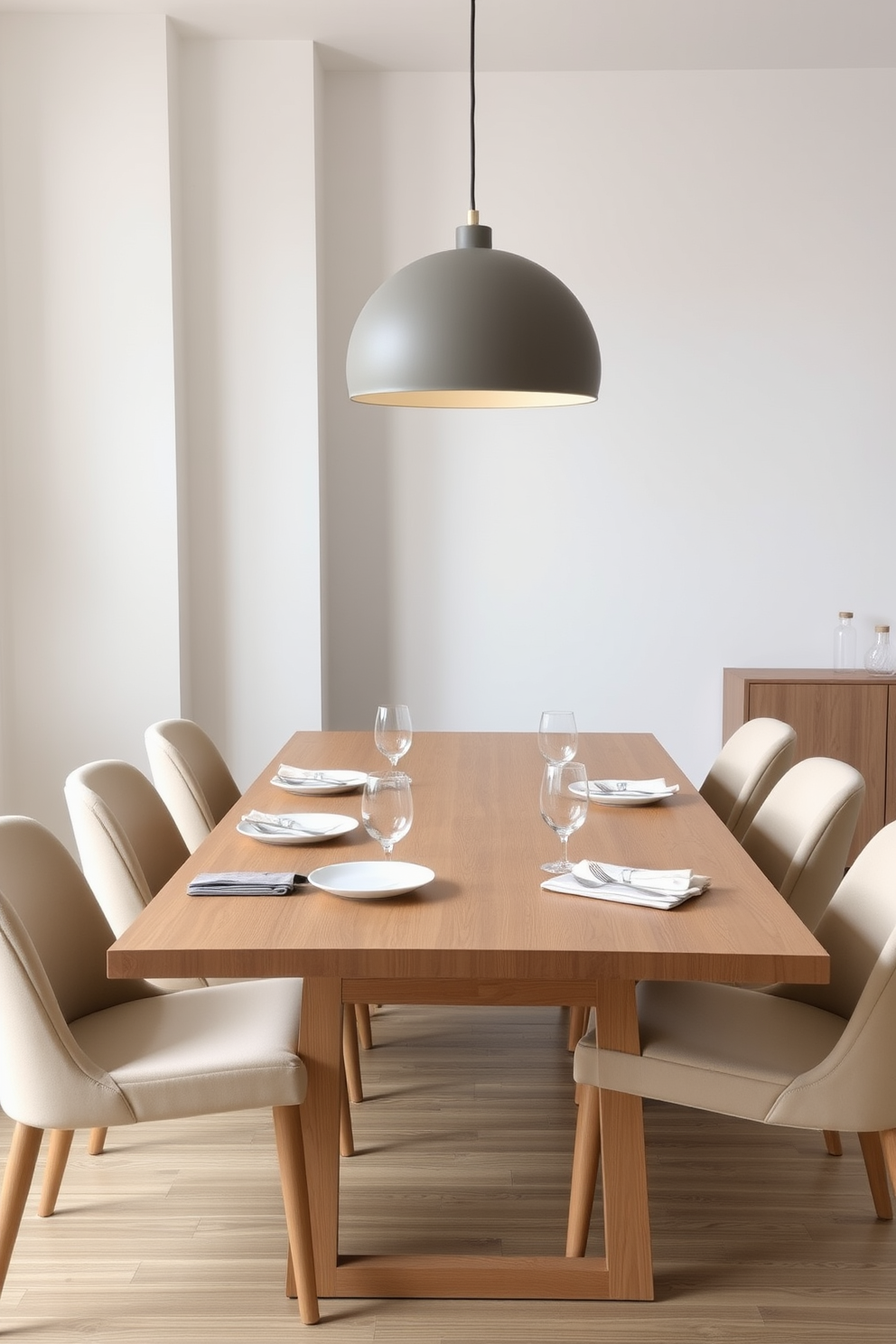 A serene dining room featuring a large wooden table with clean lines surrounded by sleek, upholstered chairs. The walls are adorned with minimalist wall art that adds subtle interest, enhancing the room's calm and inviting atmosphere. The color palette consists of soft neutrals, creating a harmonious backdrop for the space. A simple pendant light hangs above the table, providing warm illumination while maintaining the minimalist aesthetic.