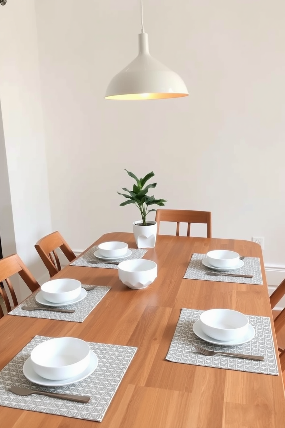 A minimalist dining room features a sleek wooden table adorned with geometric patterned placemats and simple white dishware. Above the table, a modern pendant light casts a warm glow, enhancing the clean lines and uncluttered aesthetic of the space. The walls are painted in a soft neutral tone, complementing the natural wood tones of the furniture. A single statement plant in a geometric pot adds a touch of greenery without overwhelming the minimalist design.