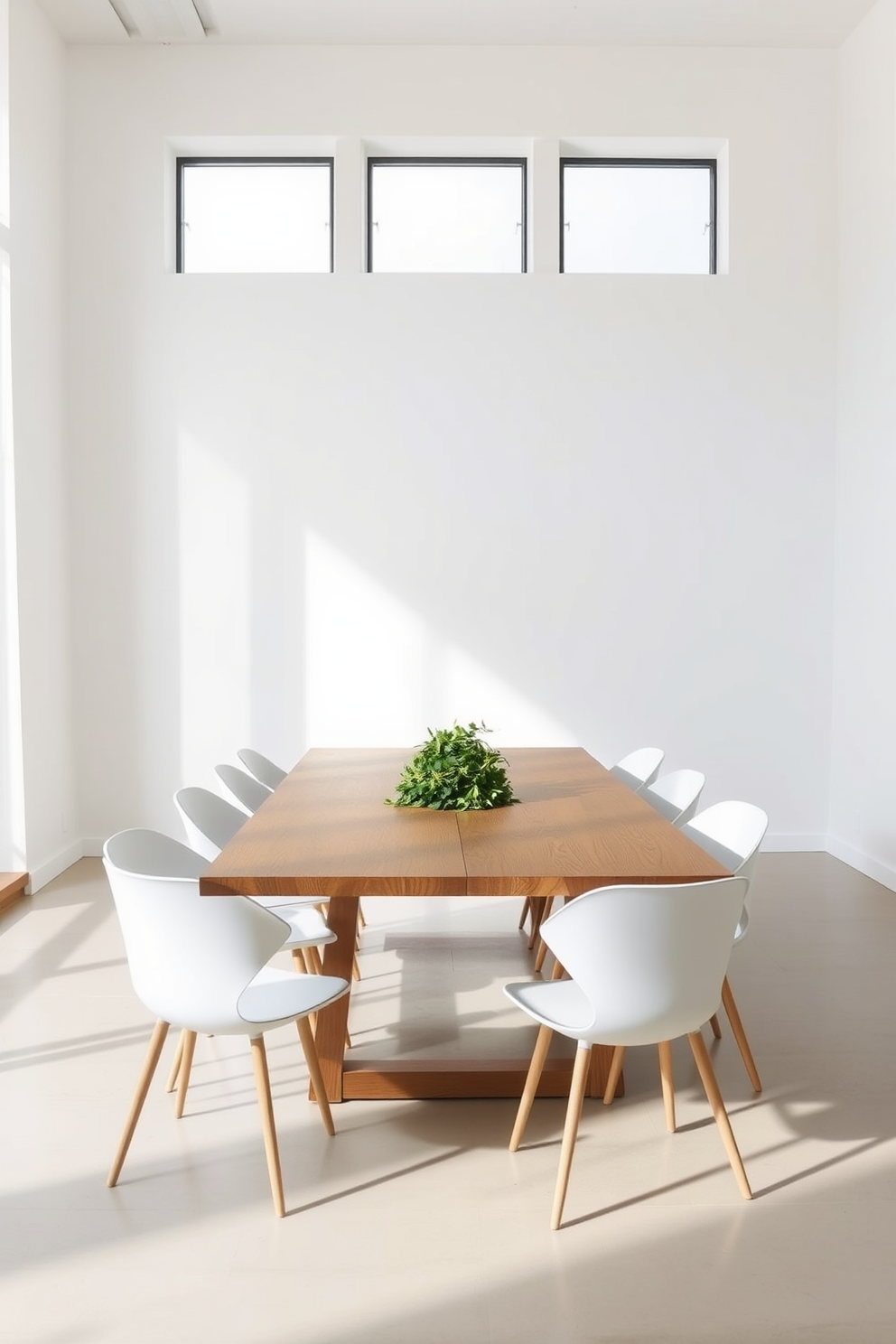 A minimalist dining room featuring a sleek wooden table surrounded by simple white chairs. A single elegant centerpiece made of lush greenery is placed in the center, adding a touch of nature to the clean lines of the space. The walls are painted in soft neutral tones, creating a calm and inviting atmosphere. Large windows allow natural light to flood in, highlighting the simplicity and beauty of the minimalist design.