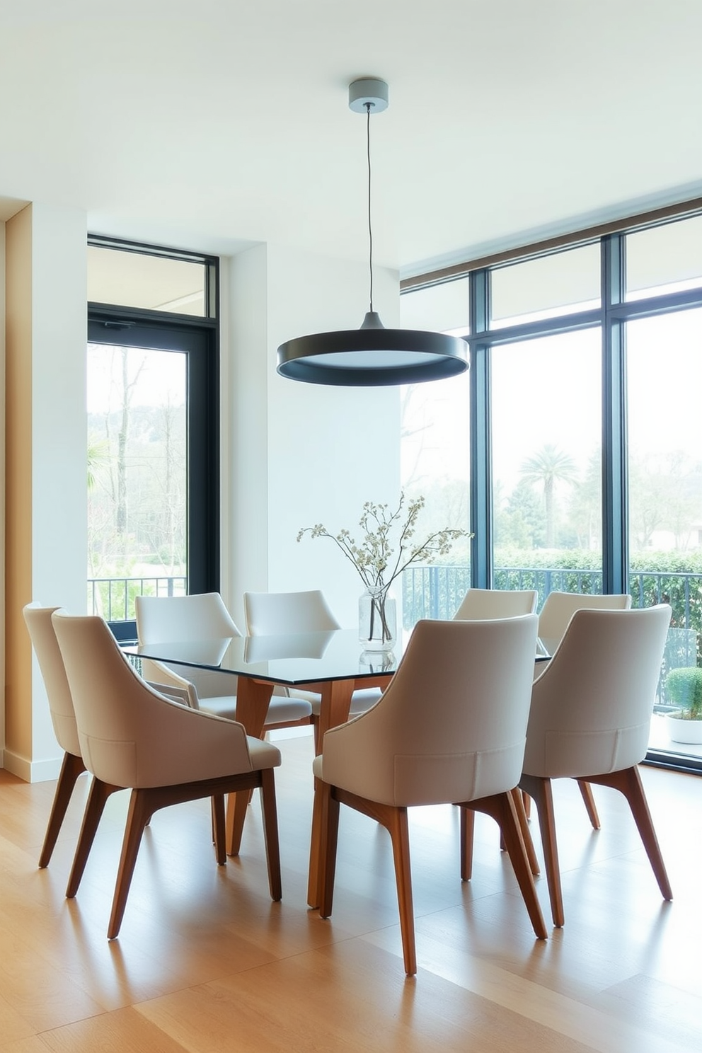 Elegant dining chairs with clean silhouettes. The chairs are upholstered in a soft, neutral fabric and feature slender wooden legs that complement a sleek dining table. The dining room is adorned with a simple yet striking pendant light that hangs gracefully above the table. Large windows allow natural light to flood the space, highlighting the minimalist decor and creating an inviting atmosphere.