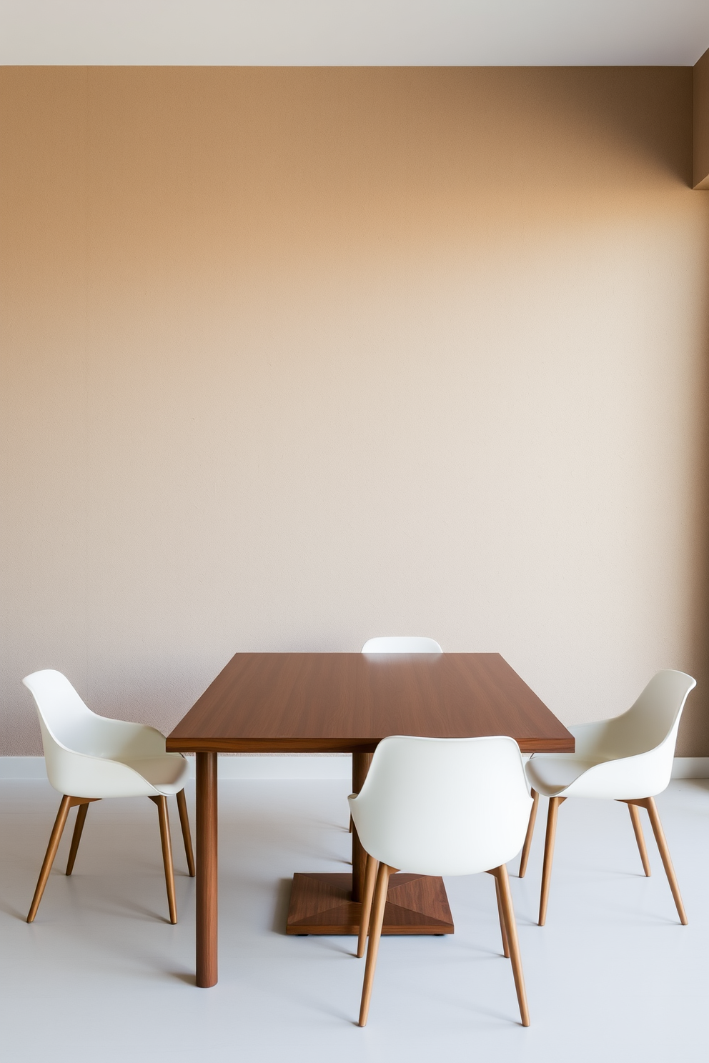 A minimalist dining room features a sleek wooden table surrounded by simple yet elegant chairs. The space is illuminated by layered lighting, including recessed ceiling lights and a statement pendant fixture above the table, creating a warm and inviting atmosphere. The color palette consists of soft neutrals and natural materials, enhancing the room's simplicity. A large window allows natural light to flood the space, complemented by strategically placed floor lamps that provide additional warmth during the evening.