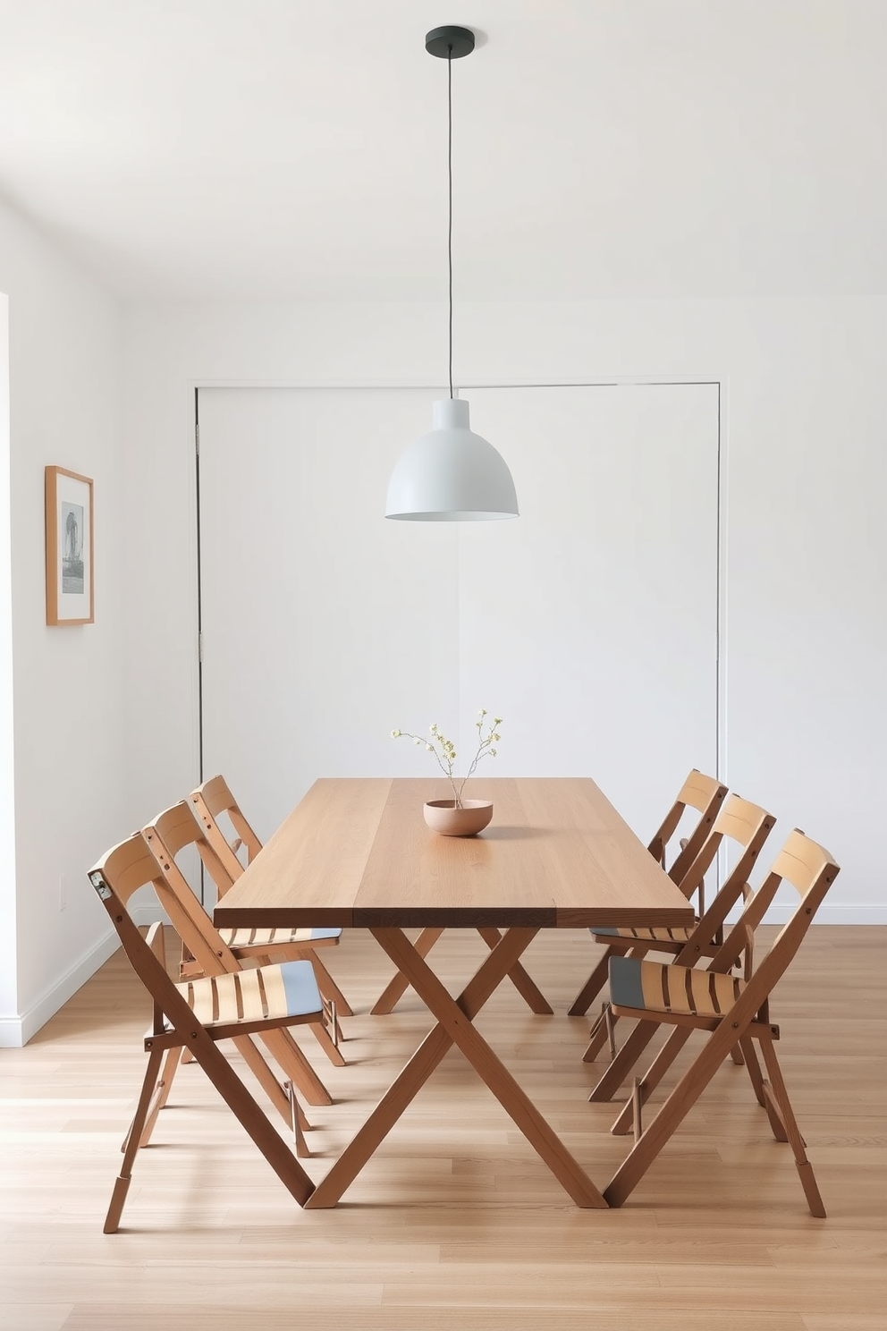 A minimalist dining room featuring a large wooden table made from reclaimed oak surrounded by sleek, upholstered chairs in neutral tones. The walls are painted in soft white, and a statement pendant light made of woven natural fibers hangs above the table, casting a warm glow. The centerpiece consists of a simple arrangement of greenery in a ceramic vase, while a textured jute rug anchors the space beneath the table. Large windows allow natural light to flood in, enhancing the airy and open feel of the room.