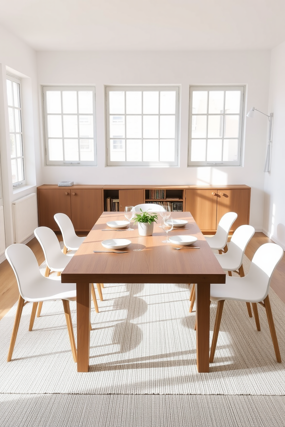 A minimalist dining room features a sleek wooden table with clean lines surrounded by simple white chairs. The table is set with understated tableware, including plain white plates and clear glassware, creating a fresh and uncluttered aesthetic. Natural light floods the space through large windows, illuminating the soft neutral tones of the walls. A single centerpiece, such as a small potted plant, adds a touch of greenery without overwhelming the simplicity of the design.