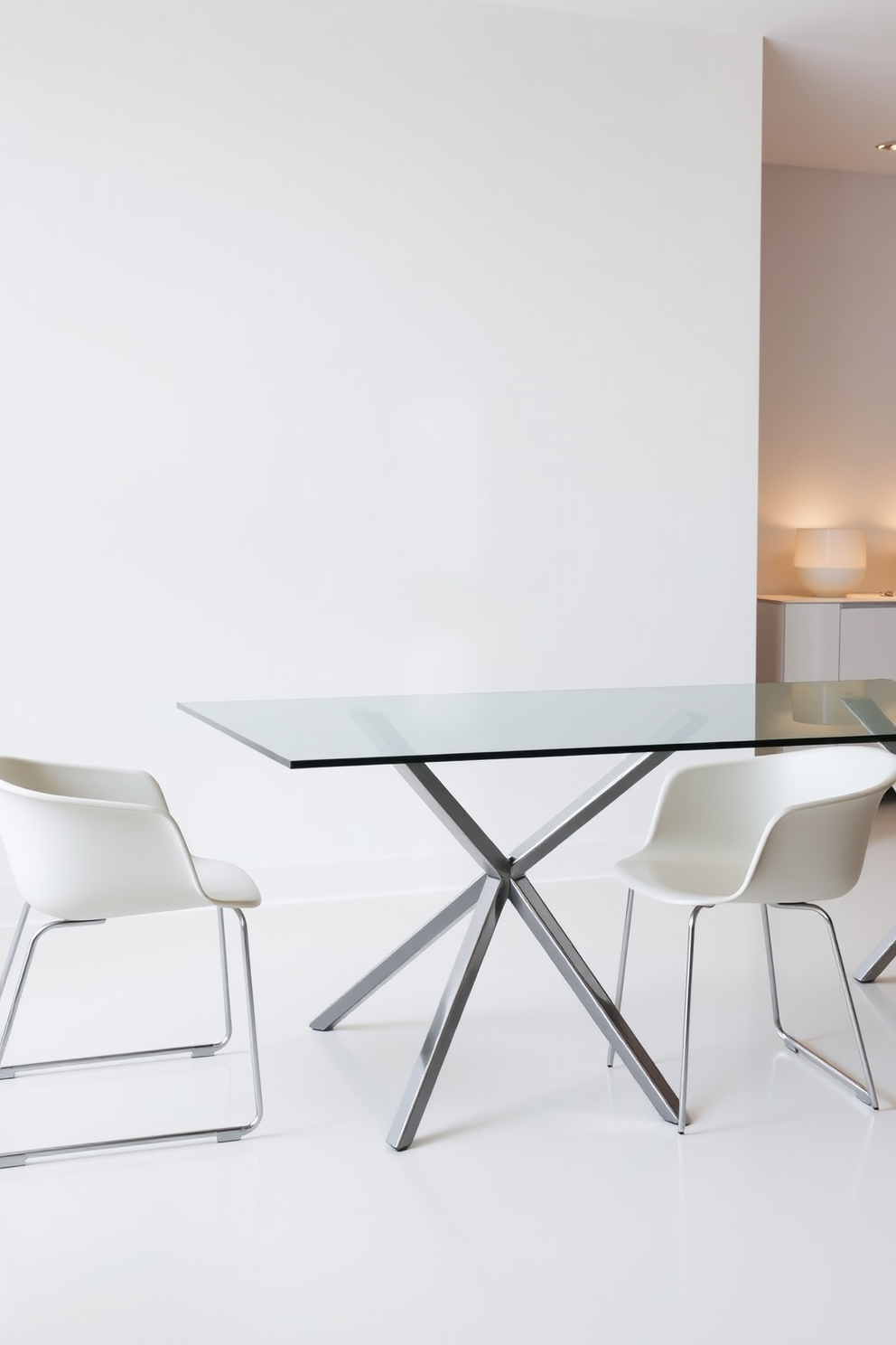 A minimalist dining room features a sleek glass top table supported by elegant metal legs. Surrounding the table are simple yet stylish chairs that complement the clean lines of the design.