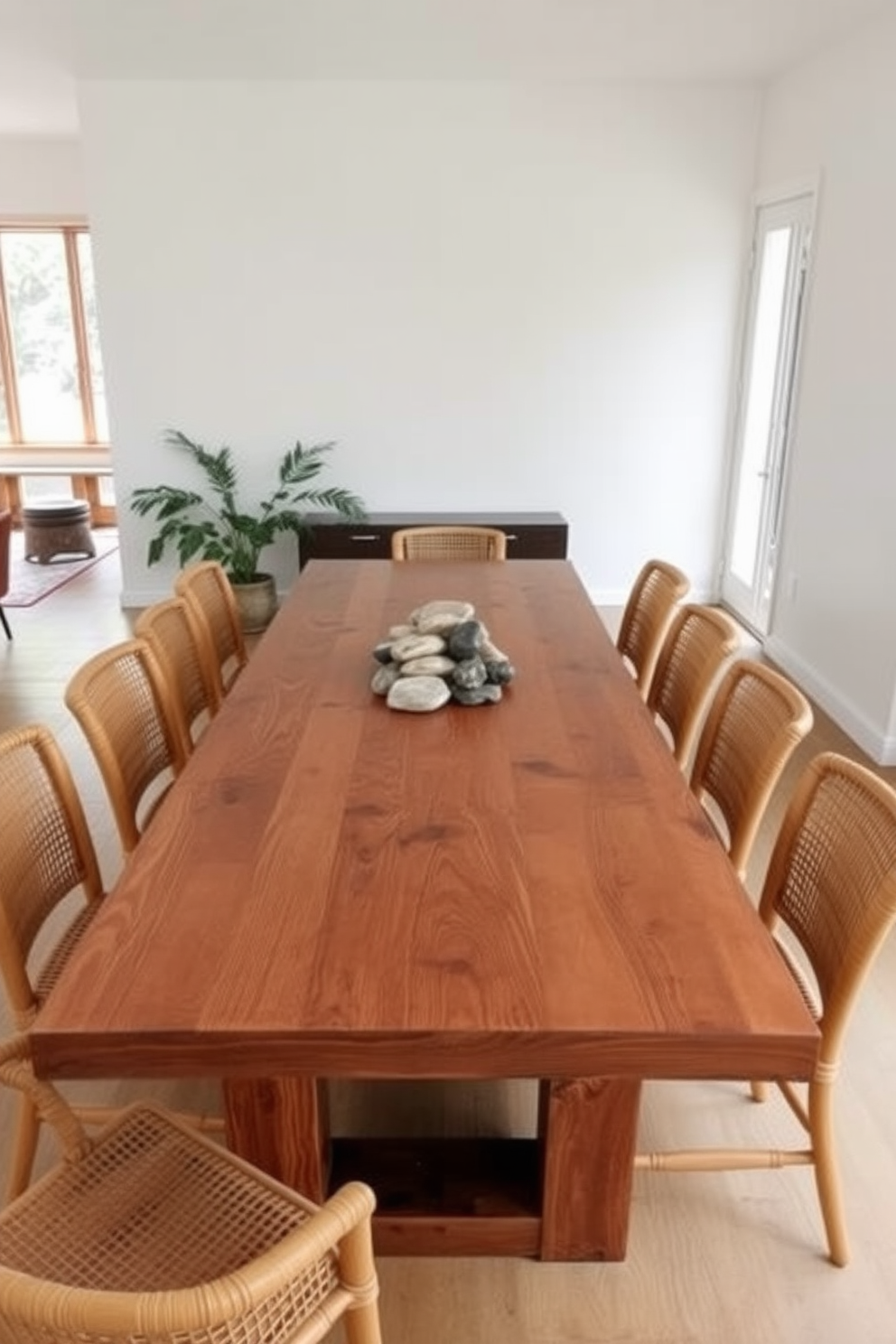 A minimalist dining room featuring a large wooden table crafted from reclaimed oak. Surrounding the table are simple yet elegant chairs made of natural rattan, creating a warm and inviting atmosphere. The walls are adorned with soft white paint, allowing the natural light to fill the space. A large stone centerpiece made of smooth river rocks sits on the table, enhancing the connection to nature.